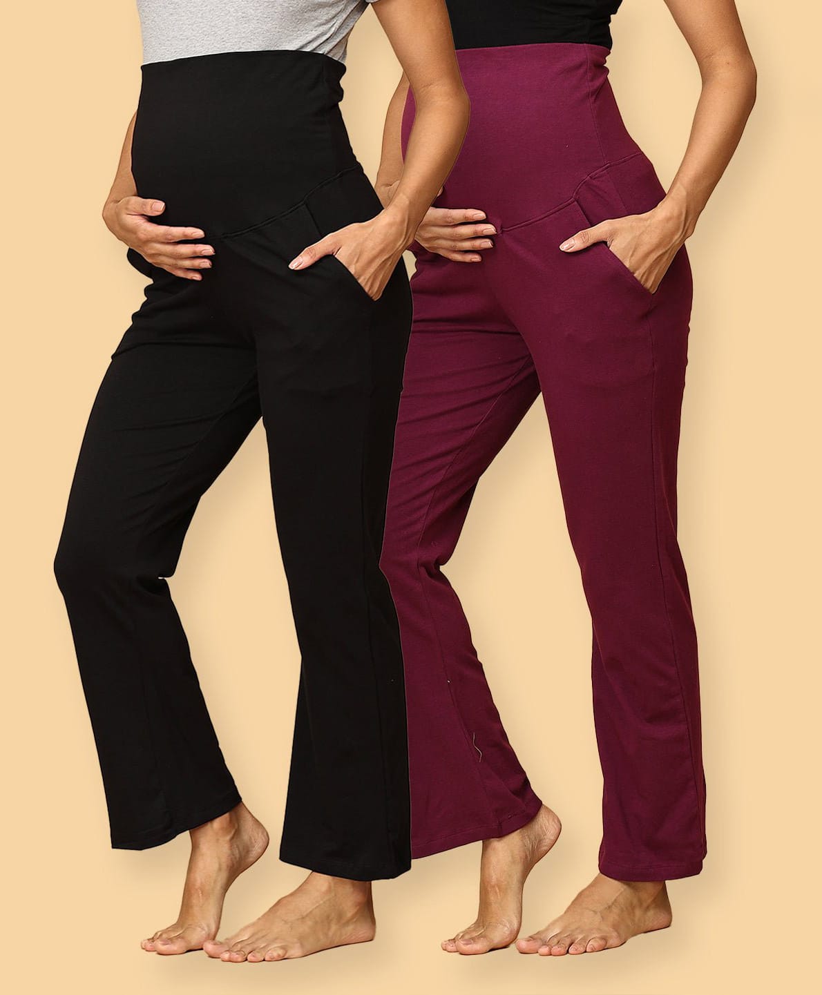 The Mom Store Cotton Blend Knit Pack Of 2 Solid Maternity Track Pants - Wine & Black-picture-15