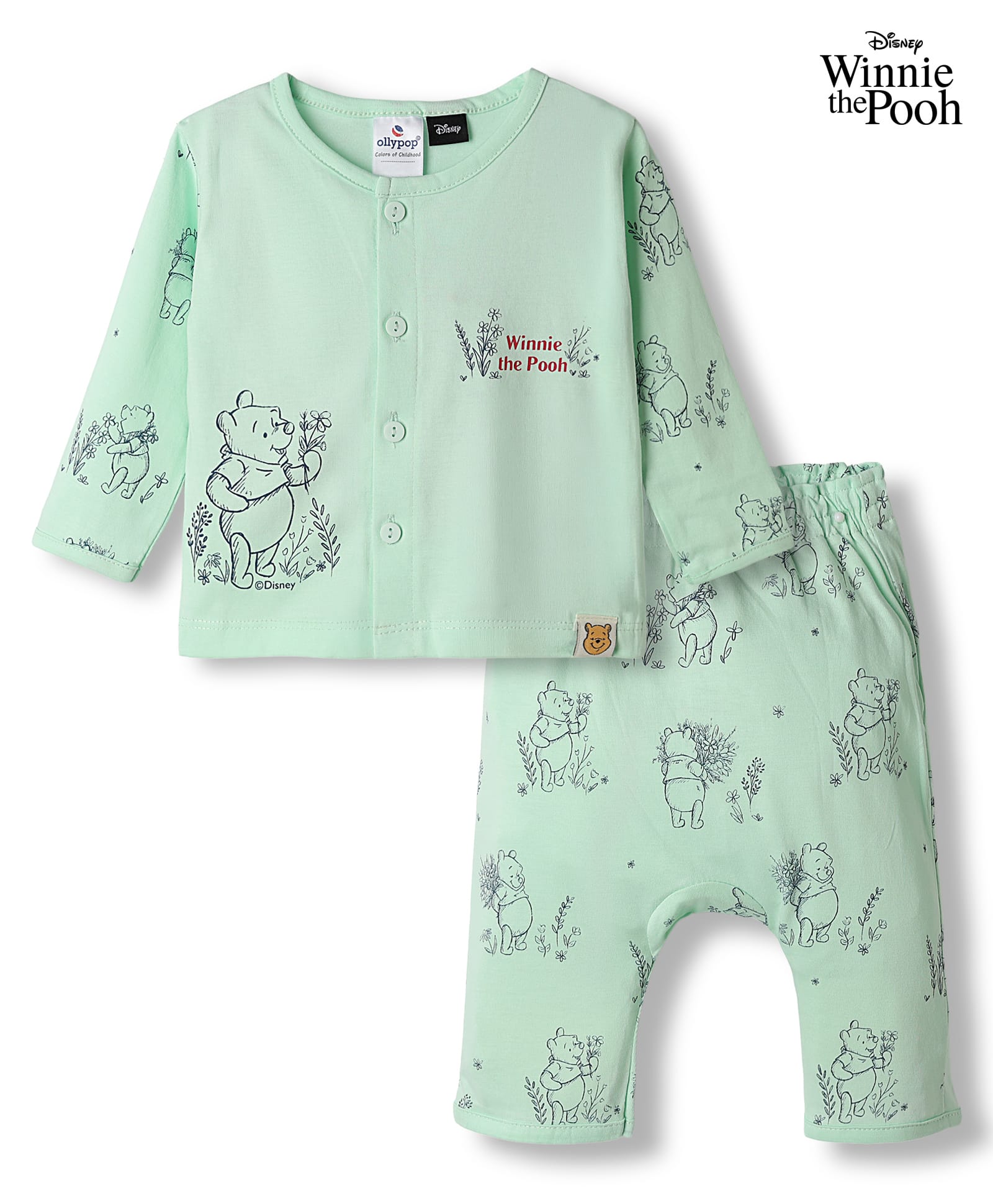 Ollypop Disney Sinker Knit Full Sleeves T-Shirt & Pyjama Night Suit with Winnie the Pooh Graphics - Sea Green-image-29