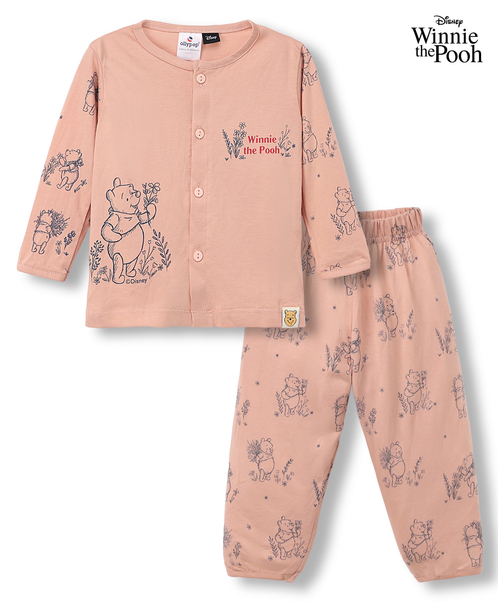 Ollypop Disney Sinker Knit Full Sleeves T-Shirt & Pyjama Night Suit with Winnie the Pooh Graphics - Peach-picture-45