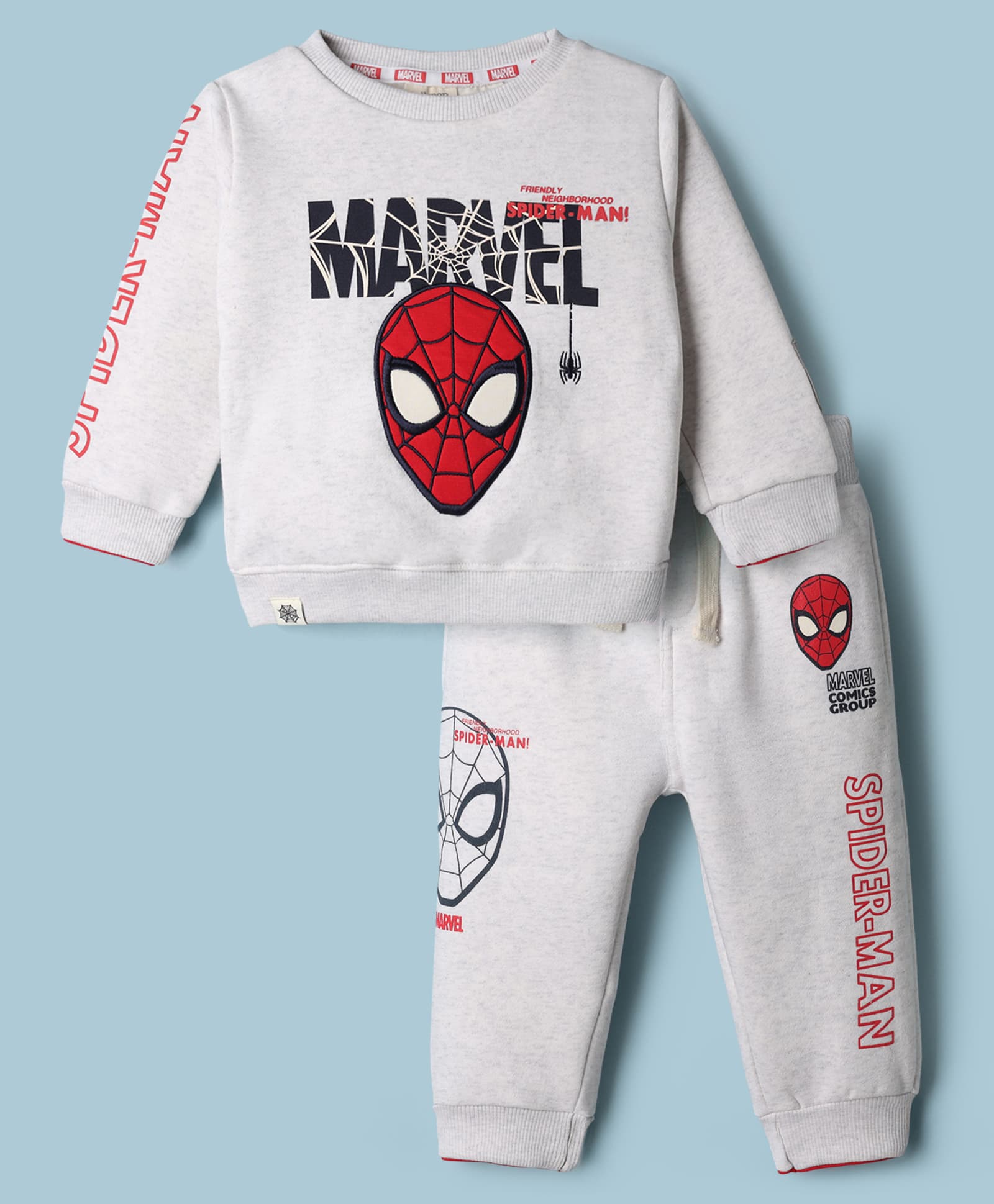 Ollypop Fleece Knit Full Sleeves T-Shirt & Jogger Winter Wear Suit Set with Spider-man Patch - Grey-image-3