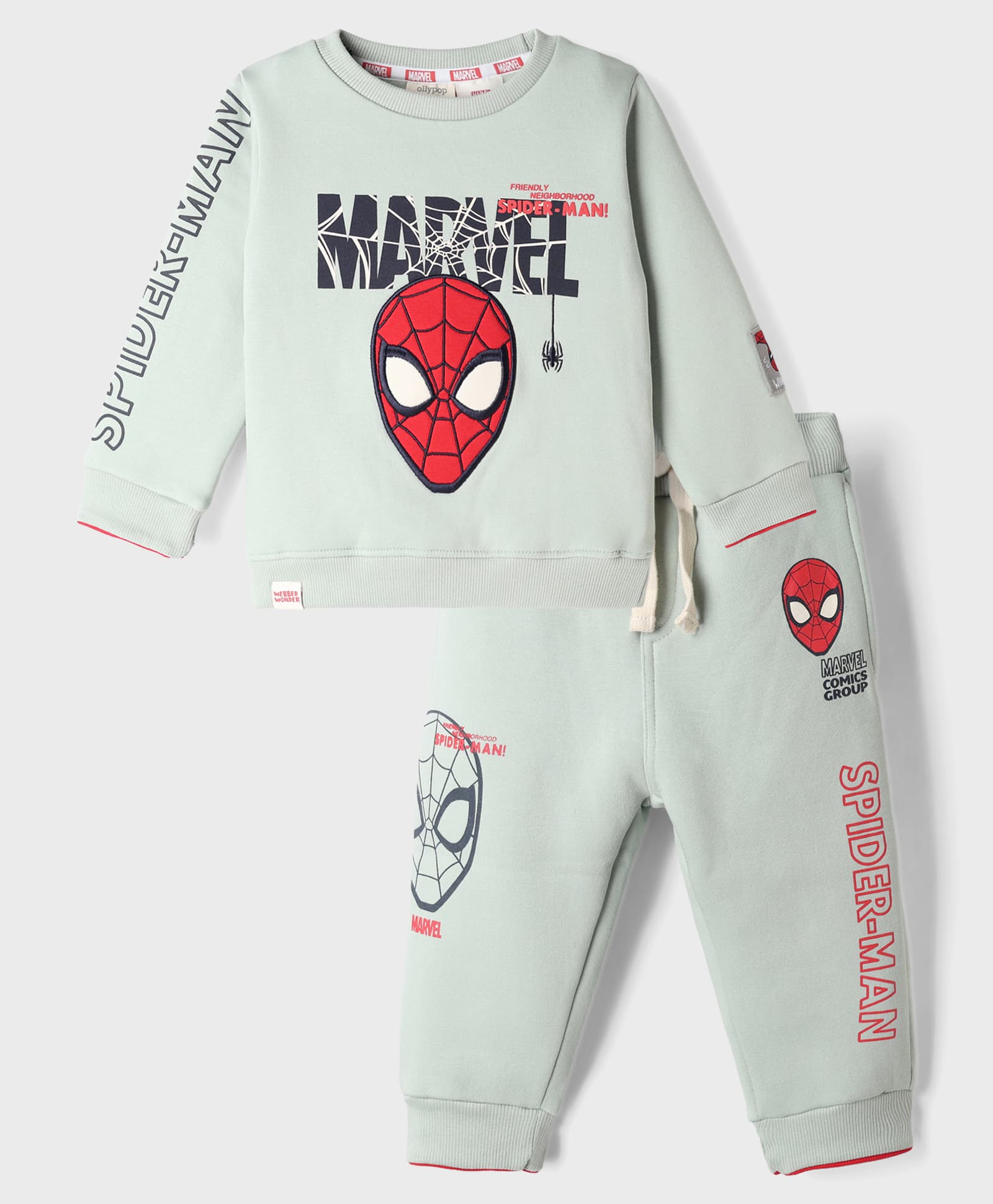 Ollypop Fleece Knit Full Sleeves T-Shirt & Jogger Winter Wear Suit Set with Spider-man Patch - Sea Green-picture-44