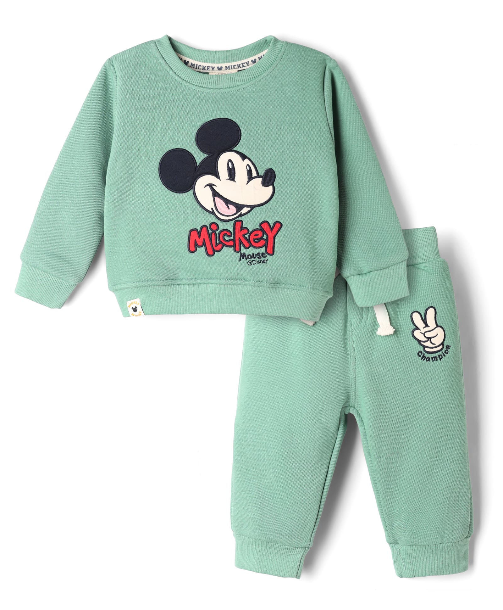 Ollypop Fleece Knit Full Sleeves Mickey Mouse Embroidered Winter Wear Suit - Light Green-picture-5