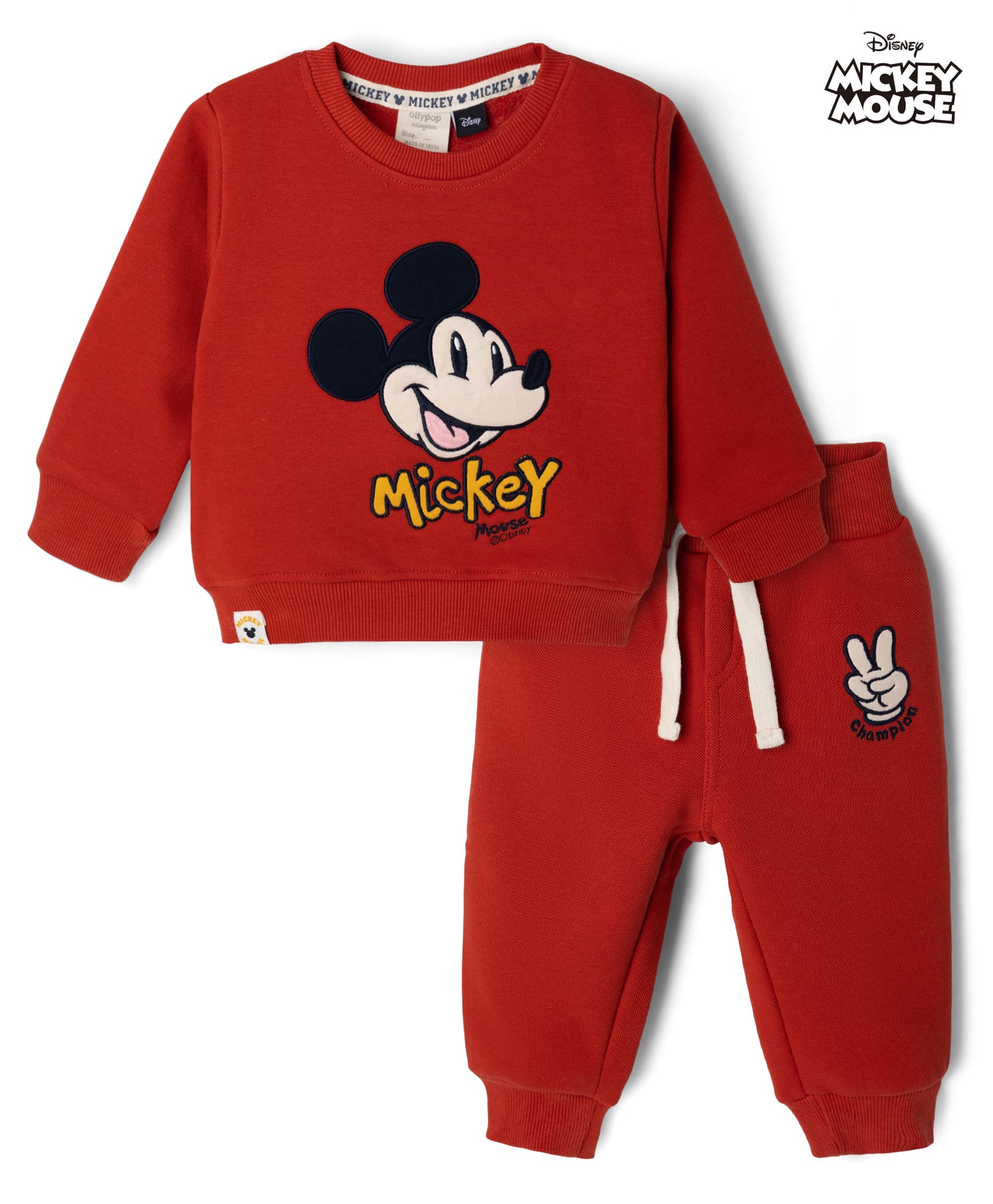 Ollypop Fleece Knit Full Sleeves Mickey Mouse Embroidered Winter Wear Suit - Rust Orange-image-40