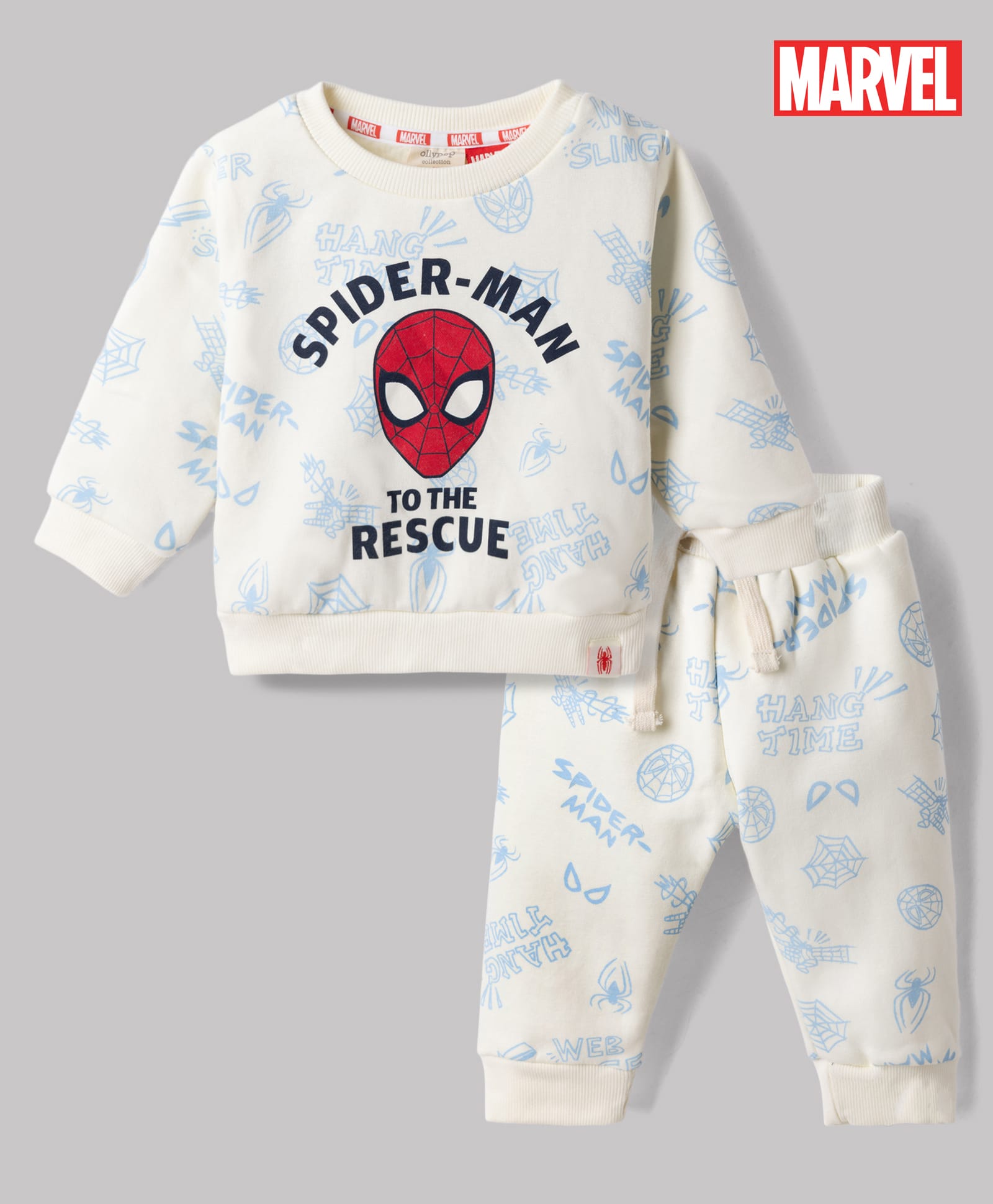 ollypop Oilypop Fleece Knit Full Sleeves Cords Winter Night Suit With Spiderman Graphic - Cream-picture-6