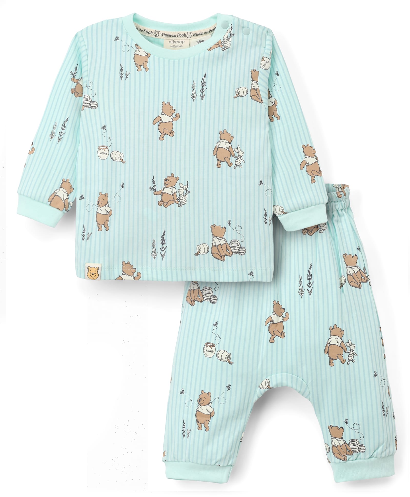 Ollypop Disney Interlock Knit Full Sleeves Striped Co-Ords T-Shirt & Pyjama Night Suit with Winnie the Pooh Graphics - Light Blue-picture-43