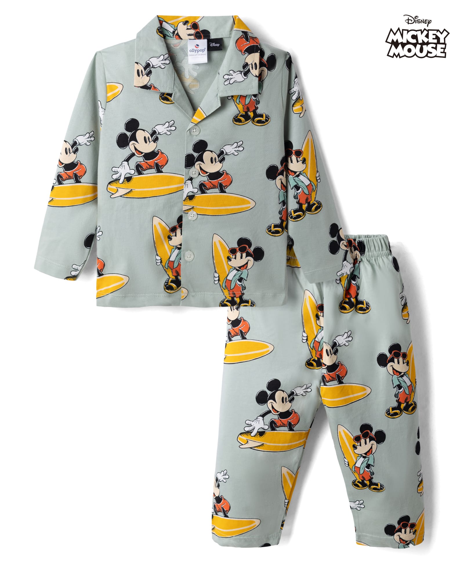 Ollypop Sinker Knit Full Sleeves Shirt & Pyjama Night Suit Cords-Sets With Mickey Mouse Graphic - Light Blue-image-3
