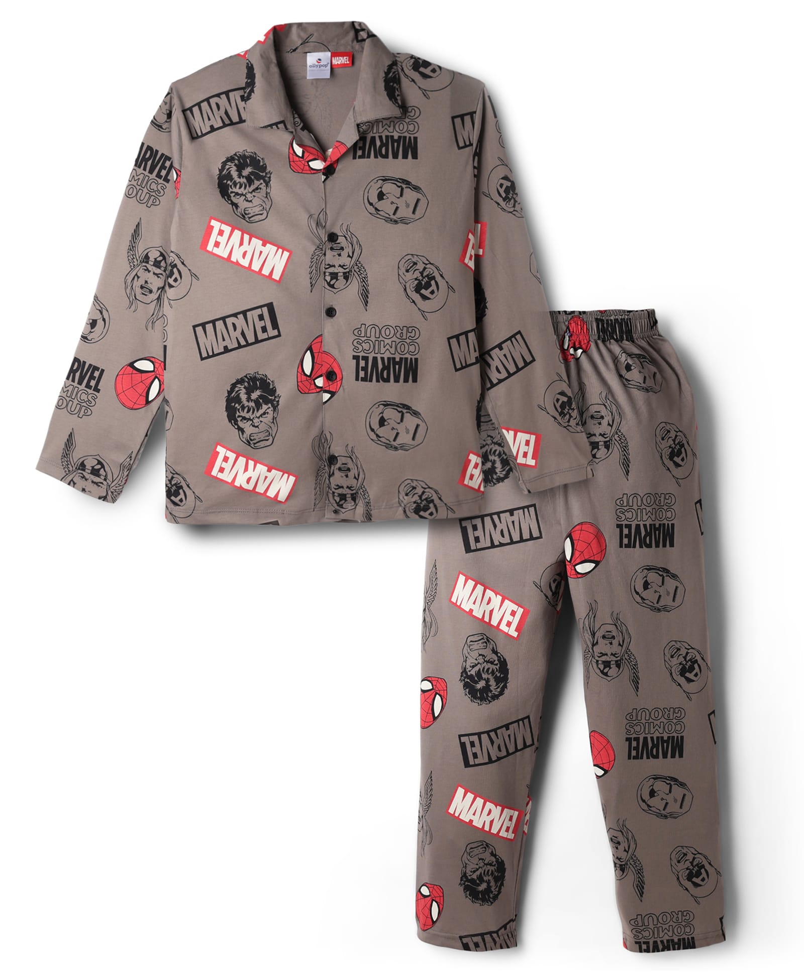 Ollypop Sinker Knit Full Sleeves Shirt & Pyjama Night Suit Co-ords Sets With Thor Graphic - Grey-image-3