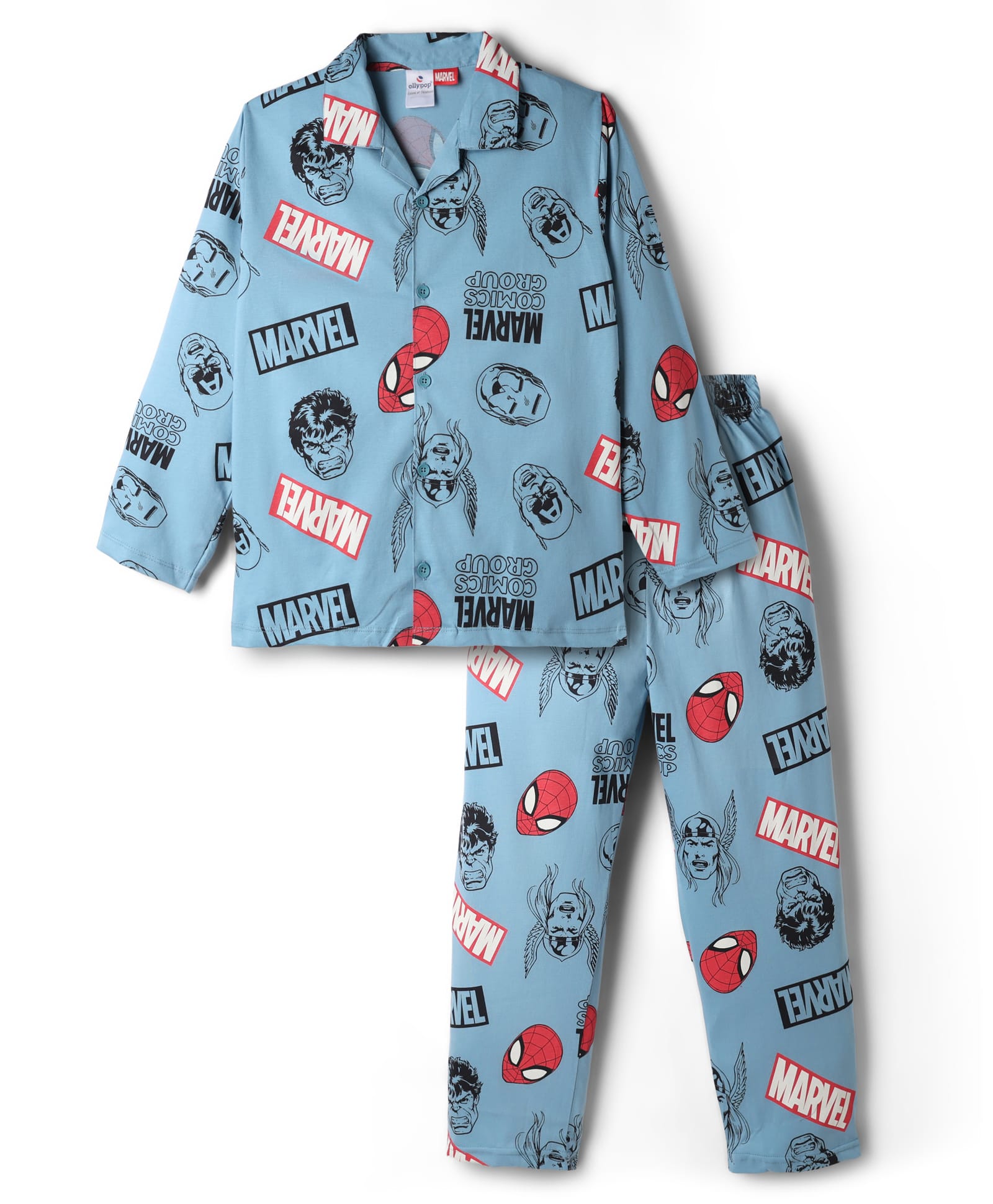 Ollypop Sinker Knit Full Sleeves Shirt & Pyjama Night Suit Co-ords Sets With Thor Graphic - Sky Blue-image-35