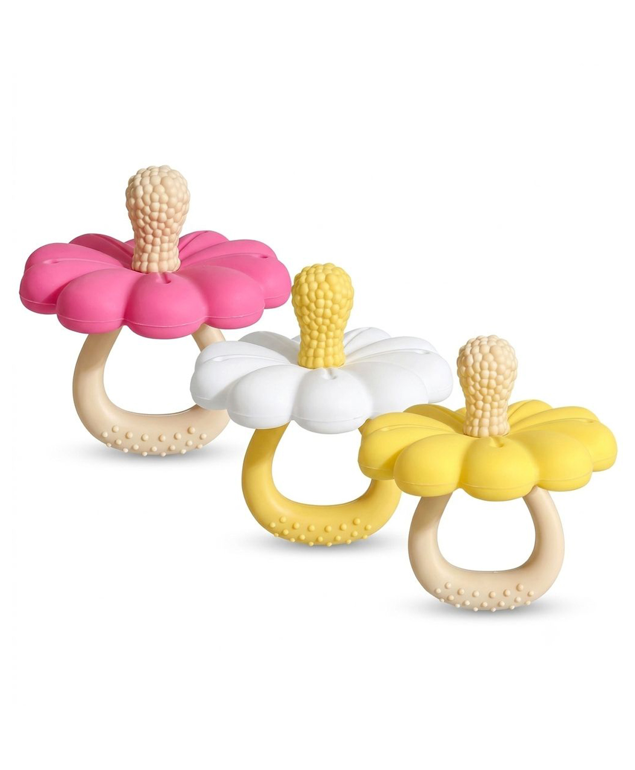 ZoZoBaa Silicone Baby Flower Teether for 0-24 Months, BPA-Free Food Grade Silicone Teething Toy, Soft & Safe Gum Relief, Easy Grip Handle, Non-Toxic Teether for Babies -Pack of 3,Yellow,Pink and White-image-37