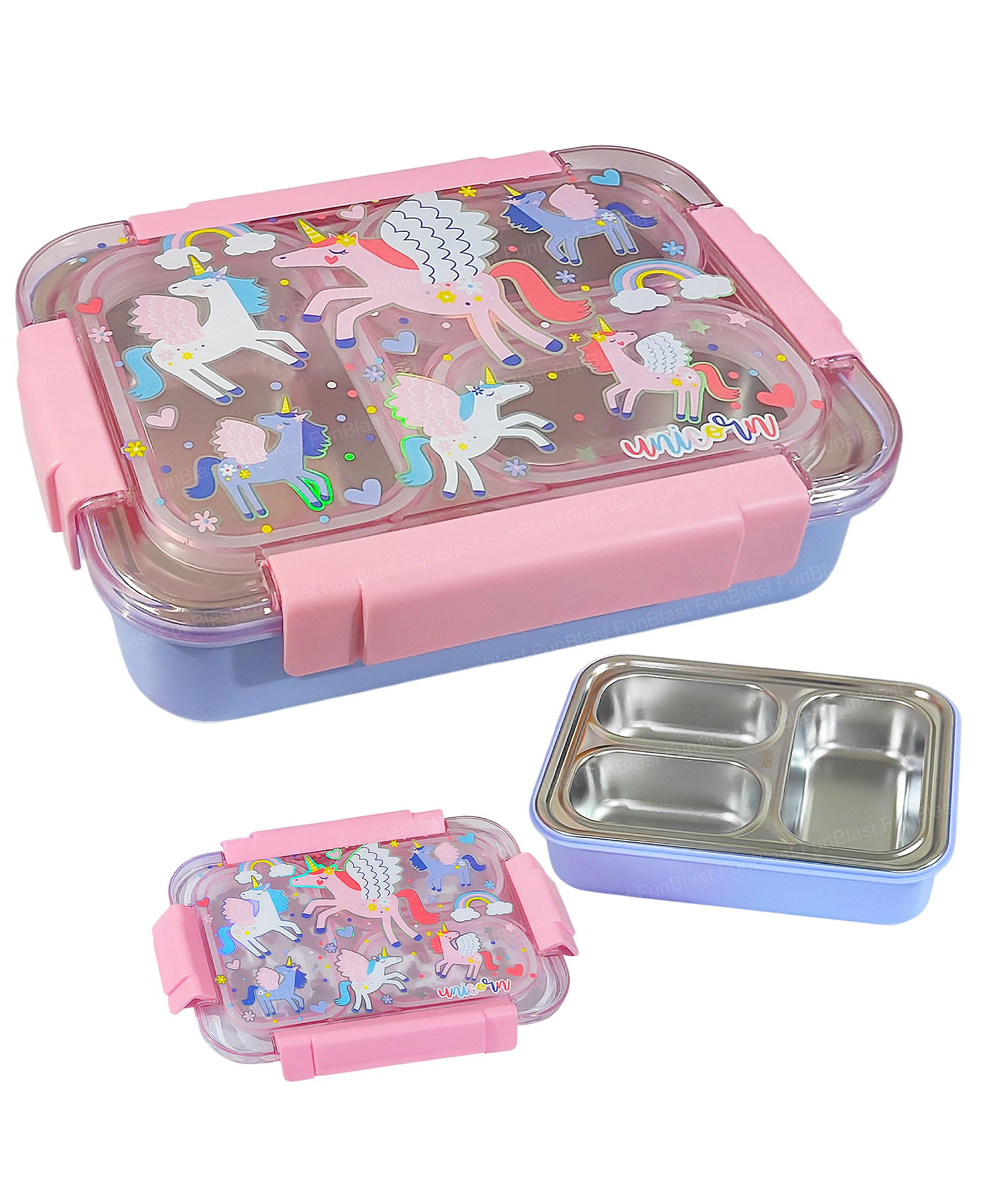 FunBlast Unicorn Print Lunch Box with 3 Compartments for Kids 710 ML (Multicolor)-image-40