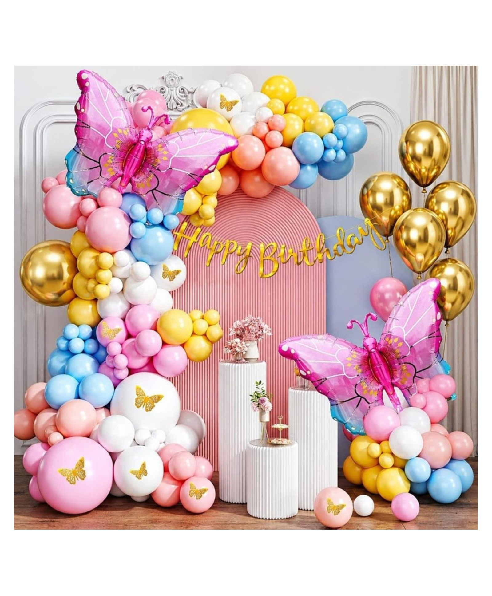Puchku Pink Butterfly Foil Balloon Set Of 72 Pcs Golden Butterfly Stickers and Multi Pastel Balloons Birthday Decoration for Girls, Baby Shower-image-33