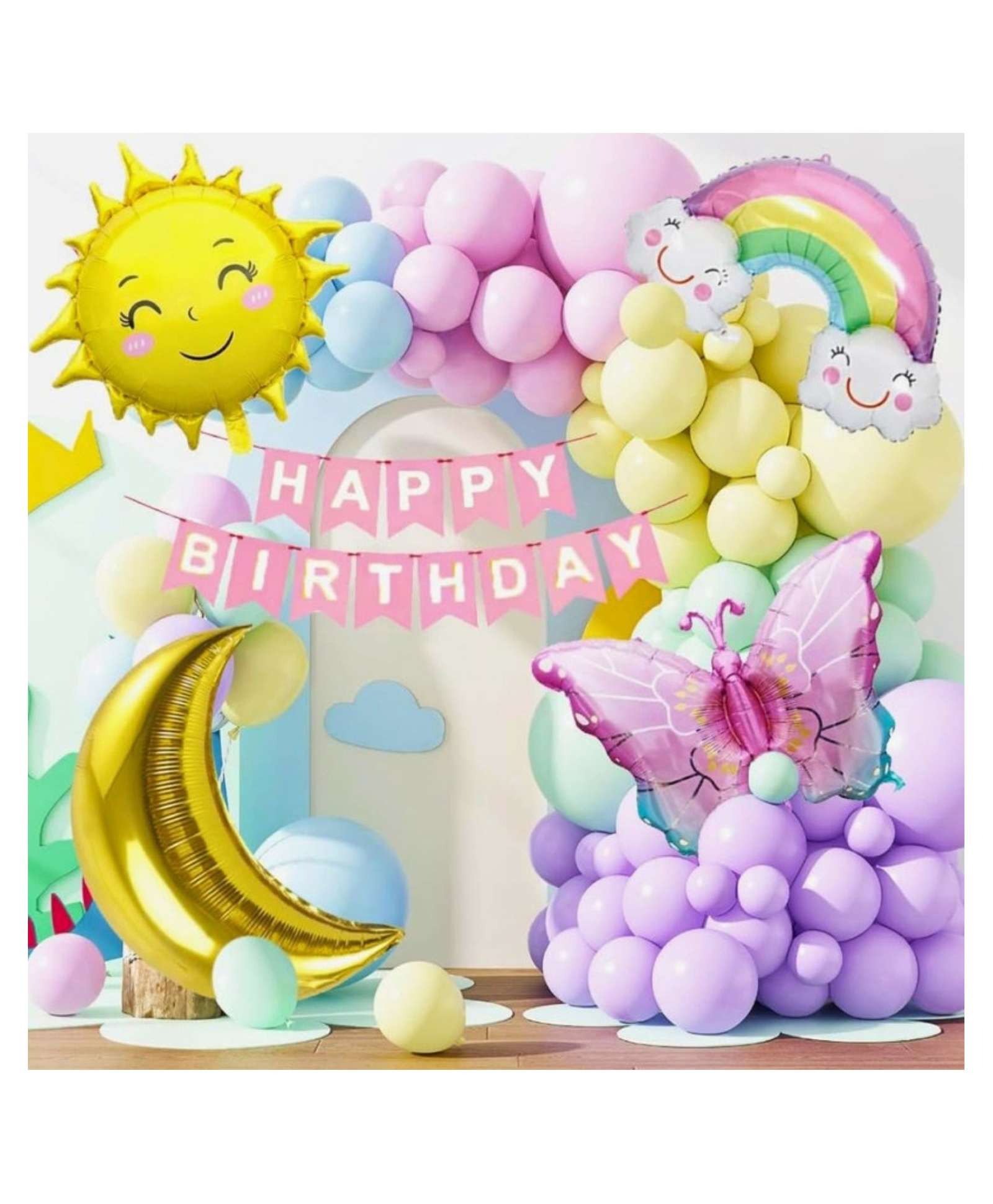 Puchku Butterfly Rainbow moon sun Foil Balloon Golden Butterfly Stickers and Multi Pastel Balloons Set of 37-image-30