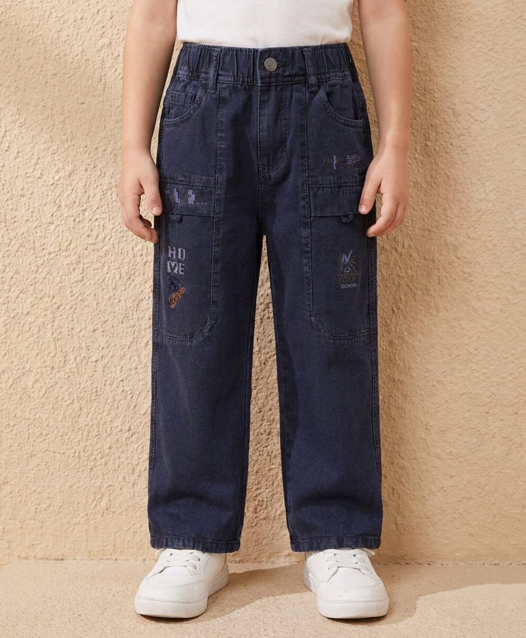 Rikidoos Denim Woven Full Length Jeans With Text Embroidery - Navy Blue-picture-16
