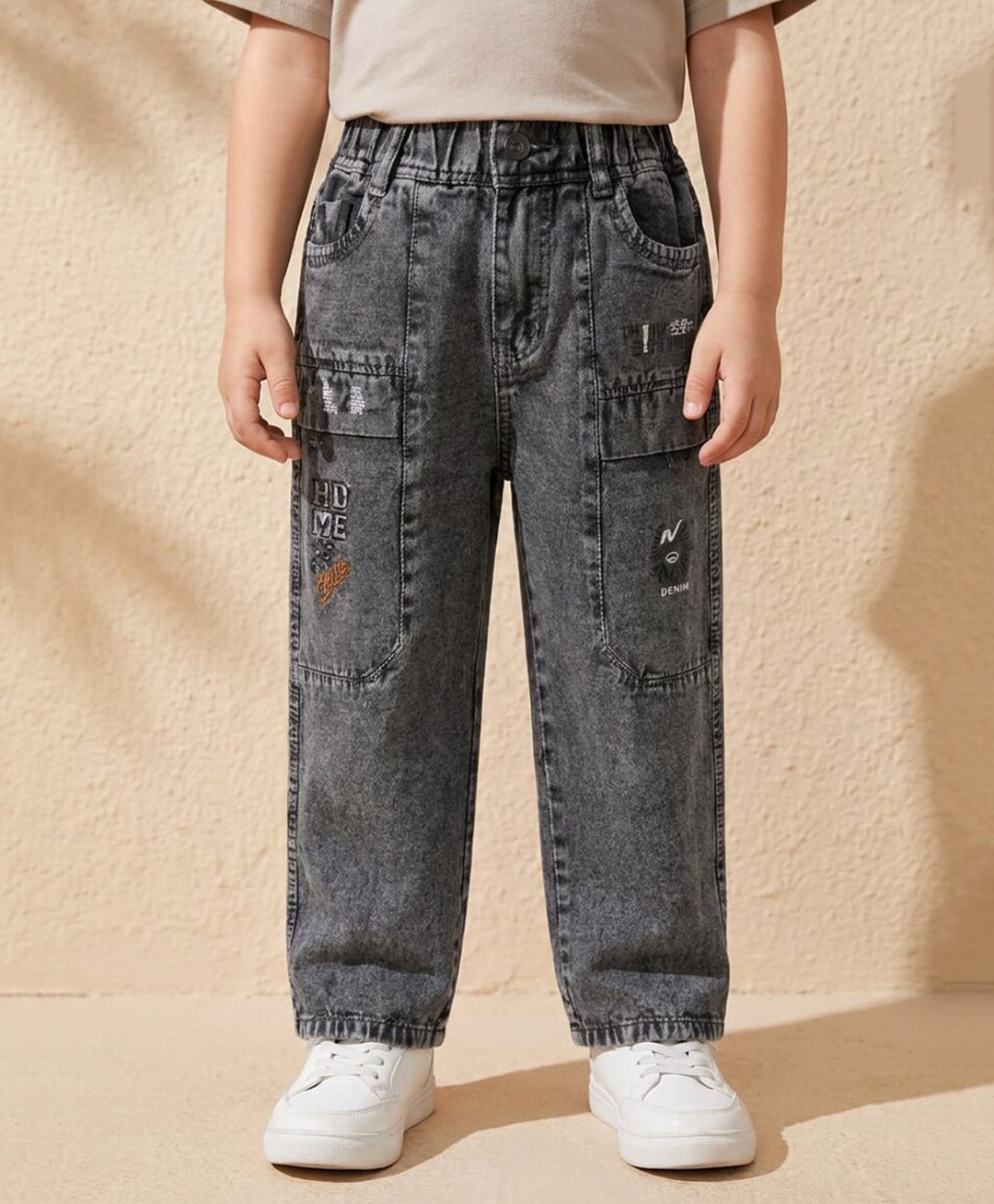 Rikidoos Denim Woven Full Length Jeans With Text Embroidery - Grey-image-43