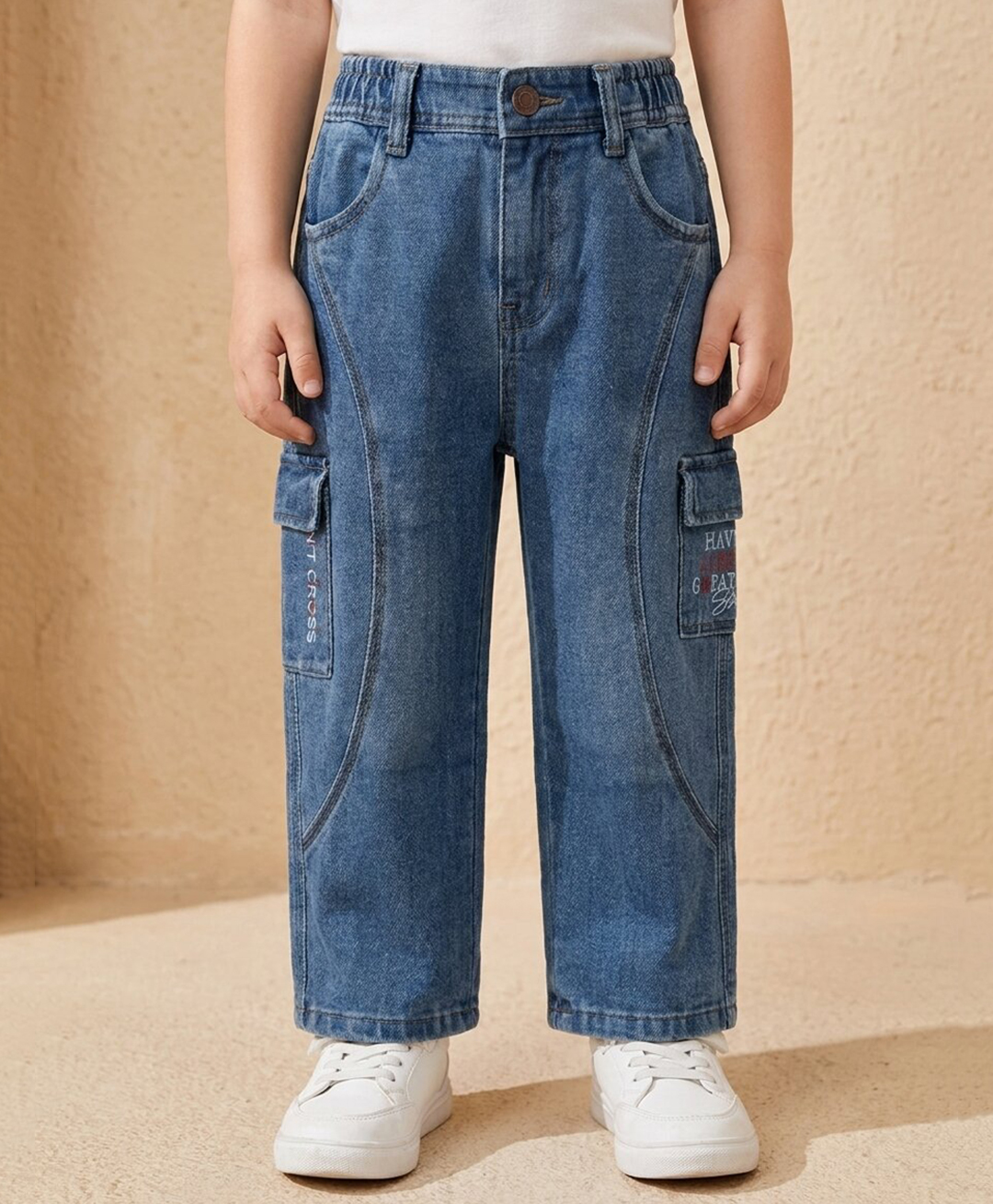 Rikidoos Denim Woven Full Length Washed Jeans with Cut & Sew & Text Print -Blue-picture-20