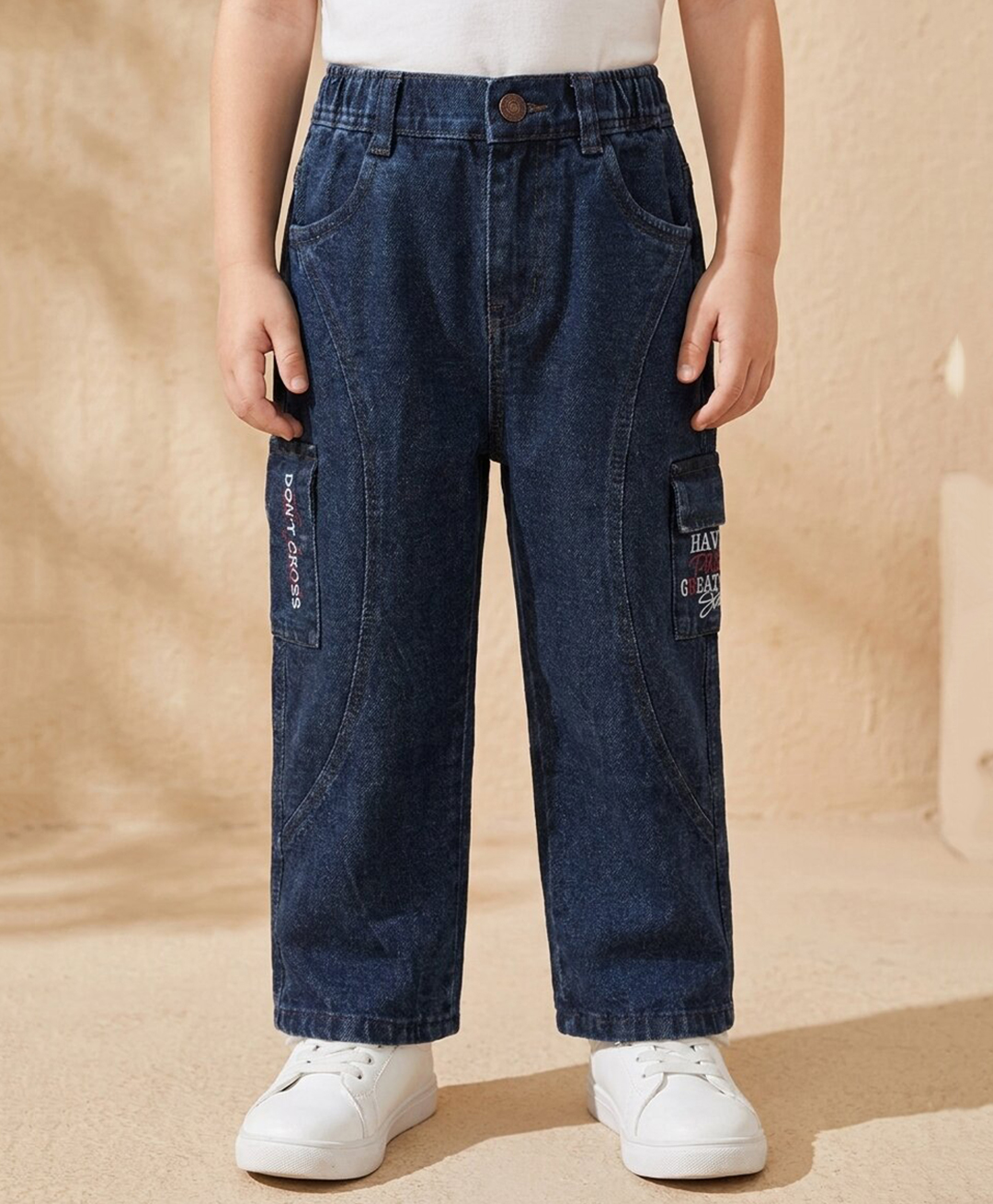 Rikidoos Denim Woven Full Length Washed Jeans with Cut & Sew & Text Print -Navy Blue-picture-10