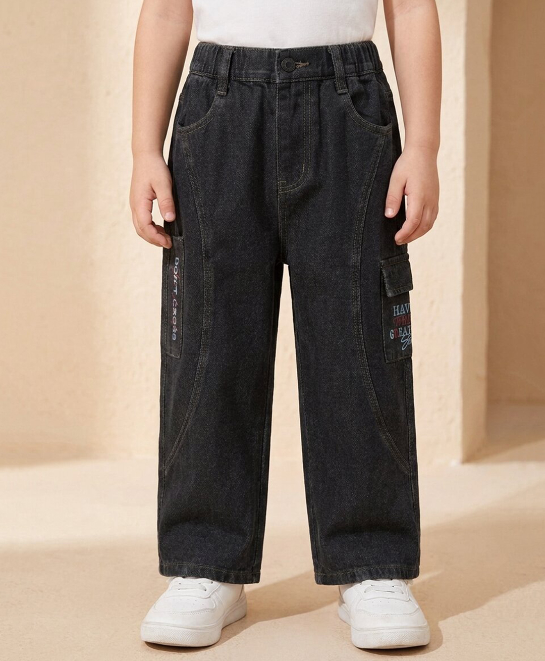 Rikidoos Denim Woven Full Length Washed Jeans with Cut & Sew & Text Print -Black-picture-11