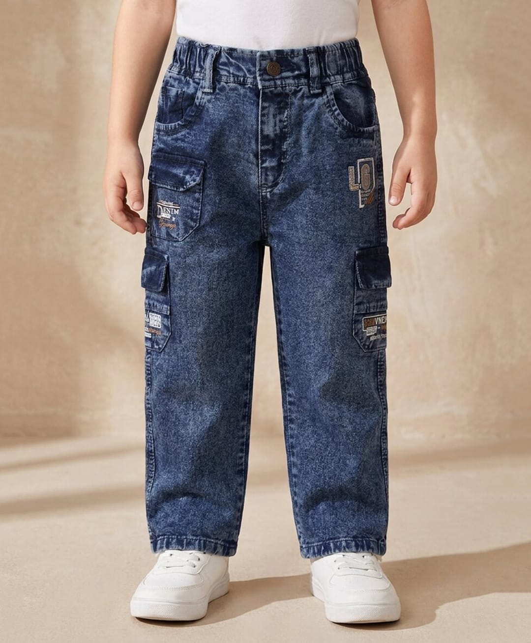 Rikidoos Denim Woven Full Length Cargo Jeans With Text Embroidery - Blue-picture-10