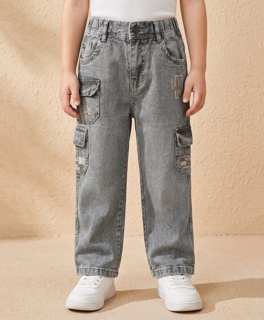 Rikidoos Denim Woven Full Length Cargo Jeans With Text Embroidery - Grey-image-46