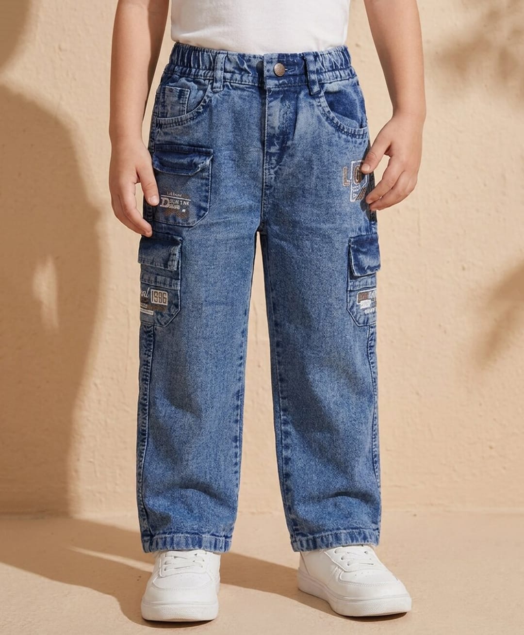 Rikidoos Denim Woven Full Length Cargo Jeans With Text Embroidery - Blue-picture-24