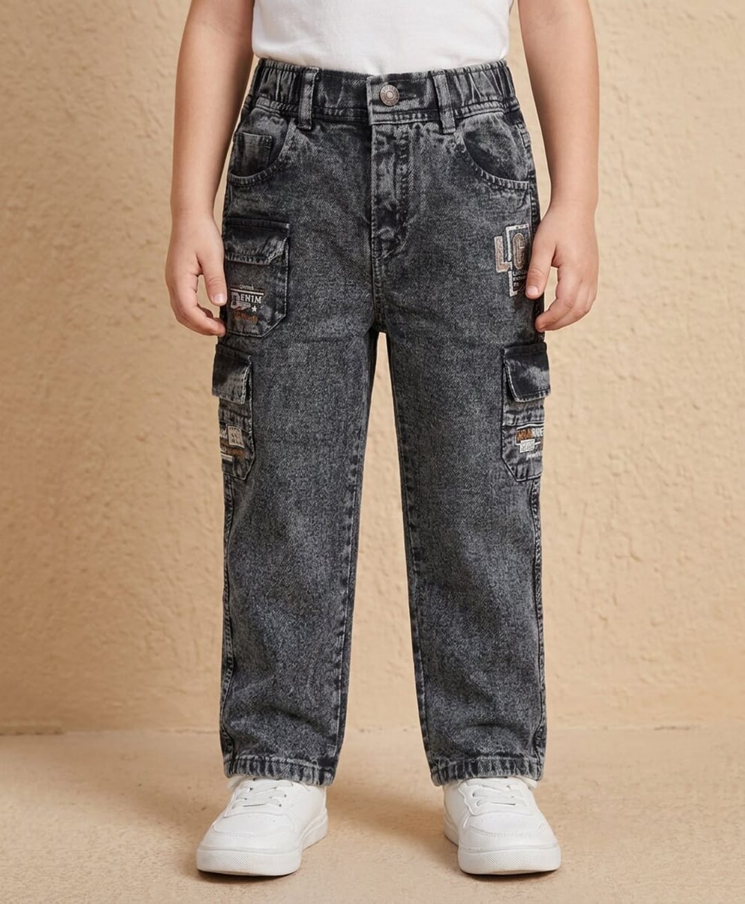 Rikidoos Denim Woven Full Length Cargo Jeans With Text Embroidery - Charcoal Grey-picture-15