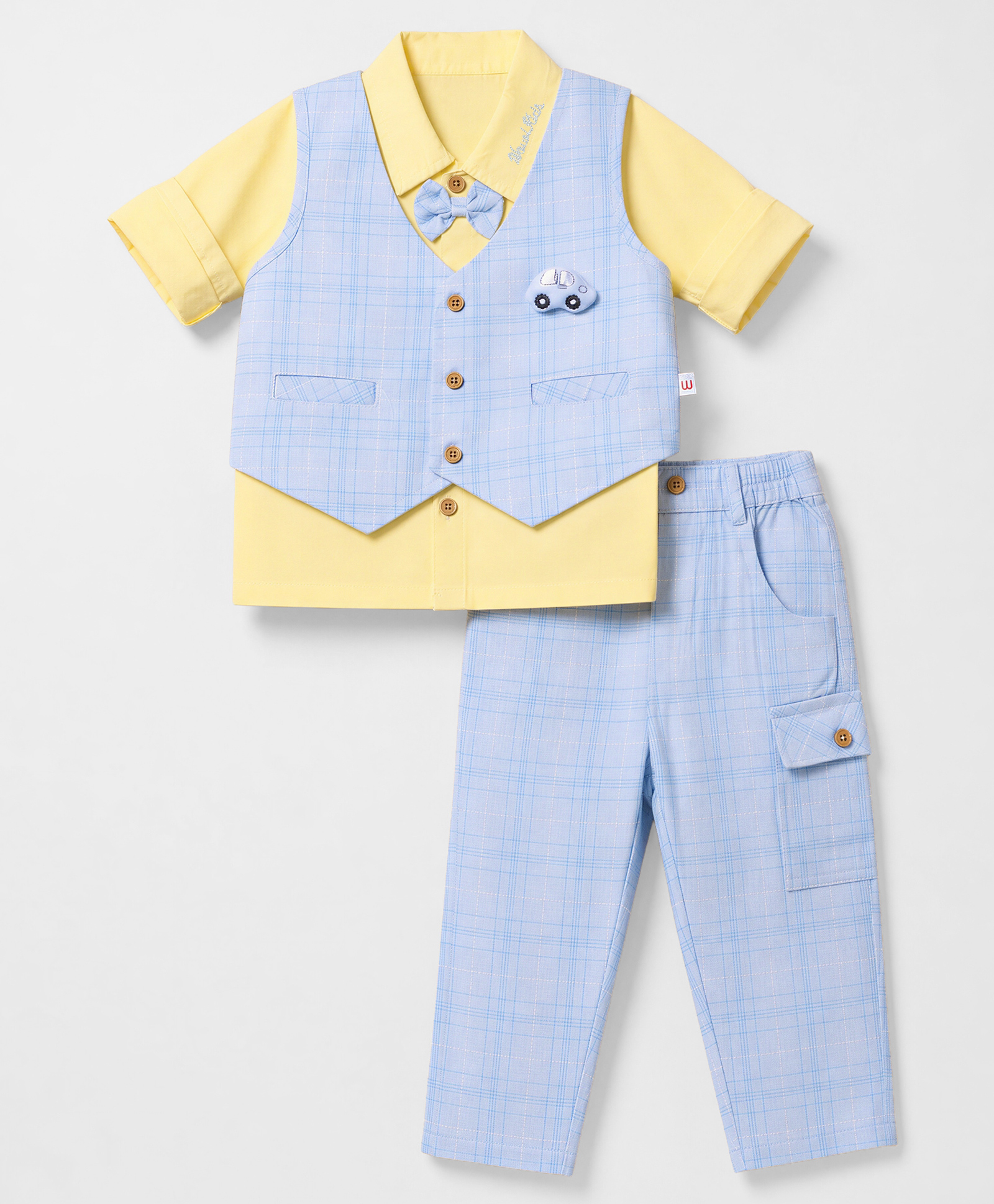 WOW Clothes Cotton Woven Full Sleeves Checked Three Piece Party Suit With Bow Applique - Light Blue-image-33