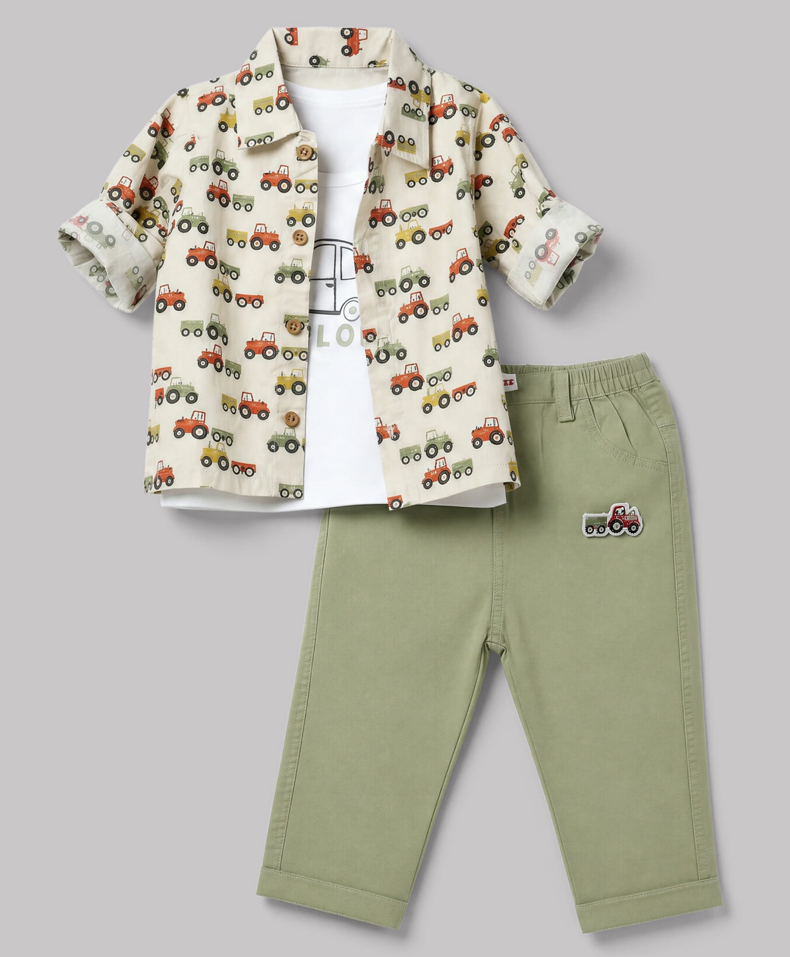 WOW Clothes Half Sleeves Vehicle Printed Shirt & Pant Set With Inner Tee - Olive Green & White-picture-19