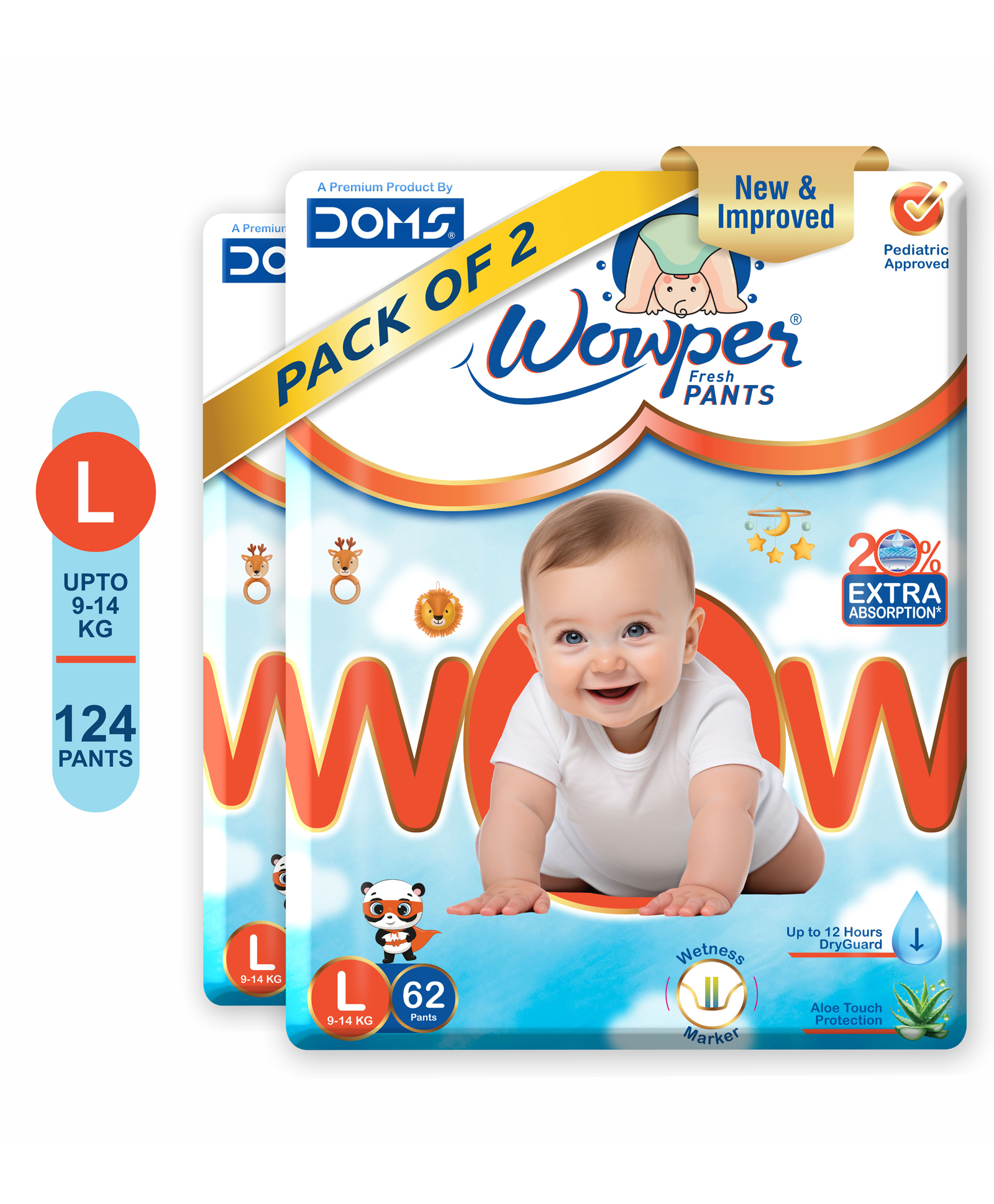 Wowper Fresh Baby Diaper Pants | Large (L) Size - 124 Pieces 9-14 Kg | Pack of 2 | Wetness Indicator | Upto 12 Hrs Absorption-image-3