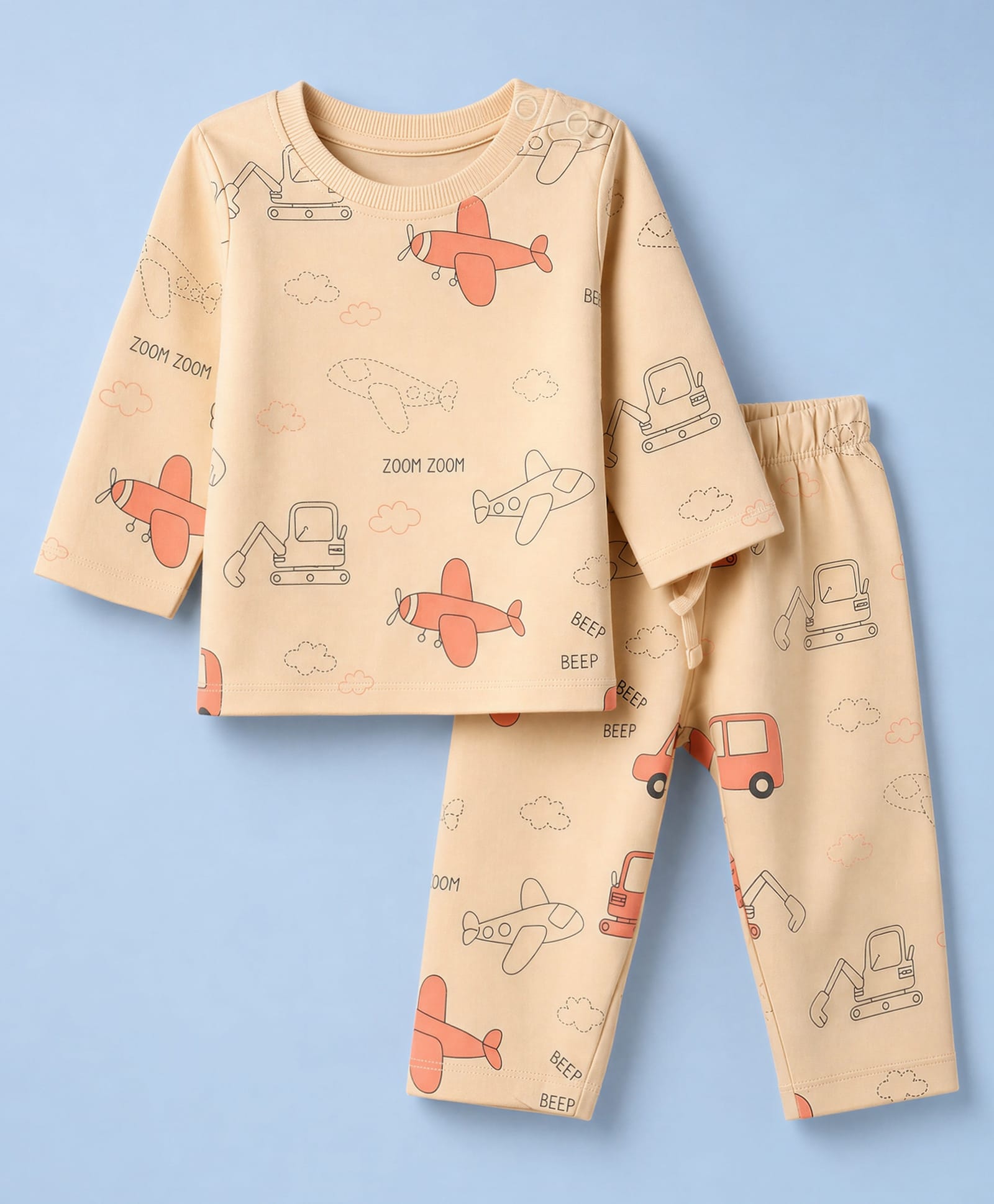 Doodle Poodle 100% Cotton Terry Knit Full Sleeves Co-Ords T-Shirt & Pyjama Night Suit with Vehicle Print - Cream-picture-8