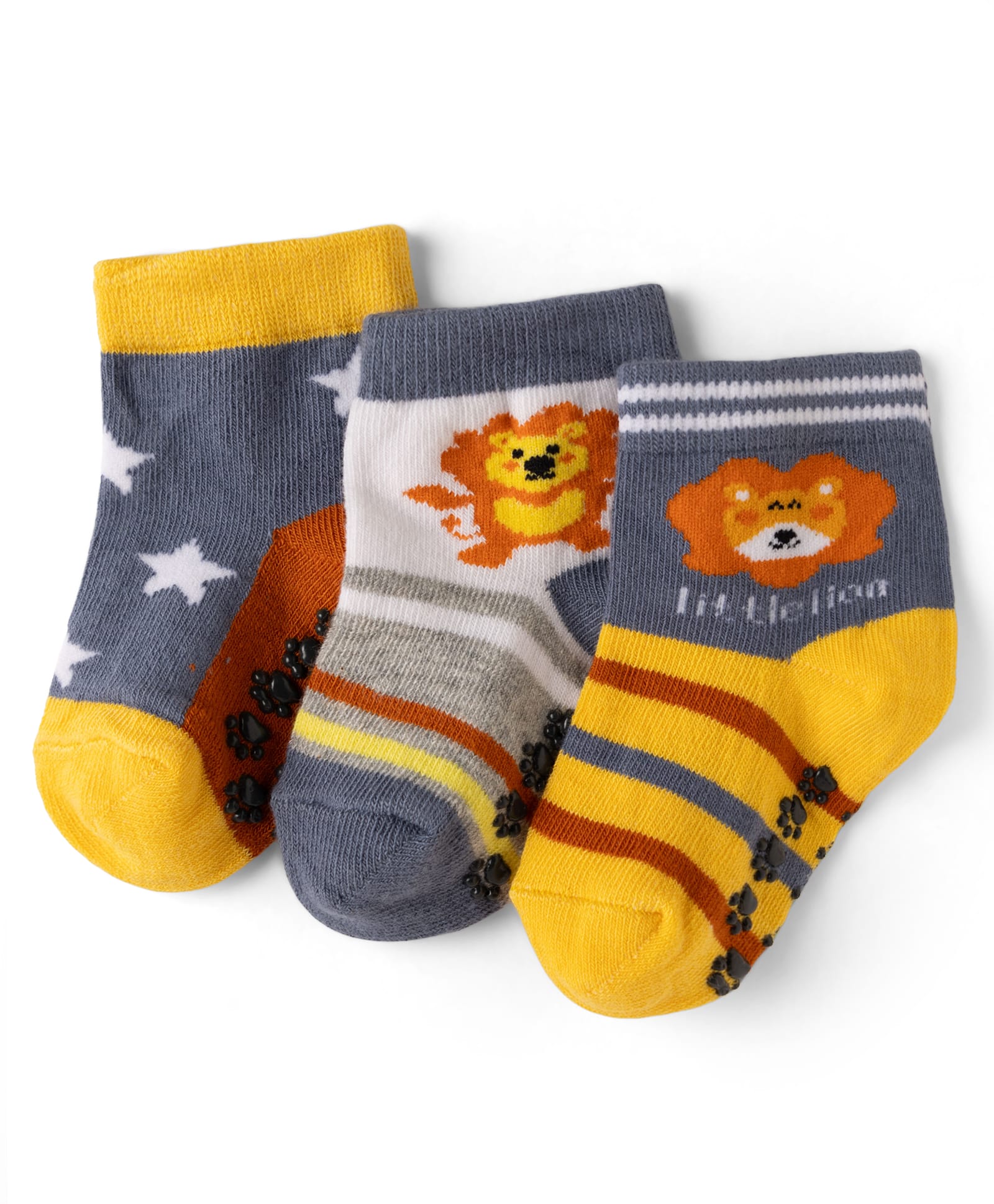 Cute Walk by Babyhug Cotton Knit Anti-bacterial Anti-skid Ankle Length Striped Socks With Animal & Star Design Pack of 3 - Grey, Yellow & White-picture-12