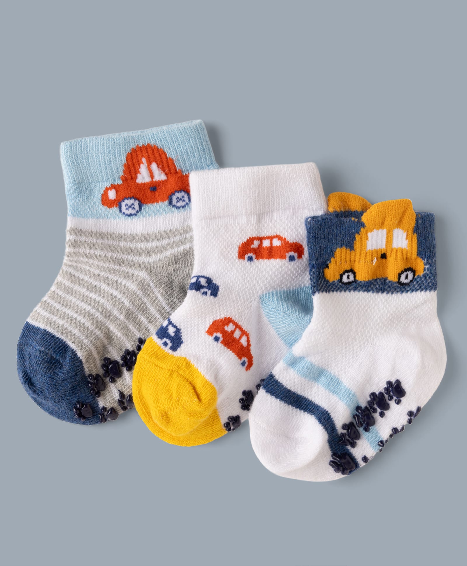 Cute Walk by Babyhug Cotton Knit Anti-bacterial Anti-skid Ankle Length Striped Socks With Vehicle Design Pack of 3 - White, Light Blue & Grey-image-25