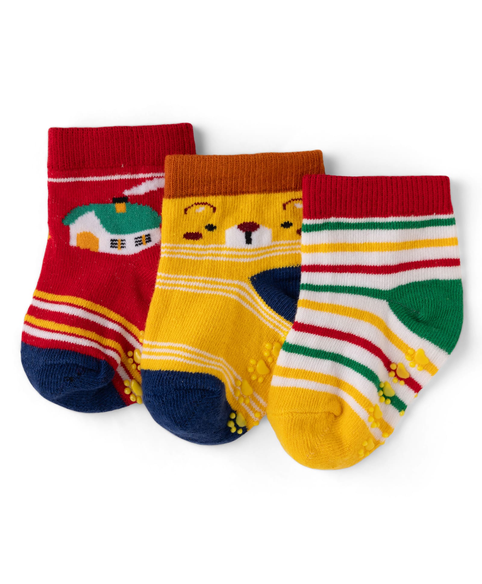 Cute Walk by Babyhug Cotton Knit Anti-bacterial Anti-skid Ankle Length Striped Socks With Animal Design Pack of 3 - Yellow & Red-picture-11