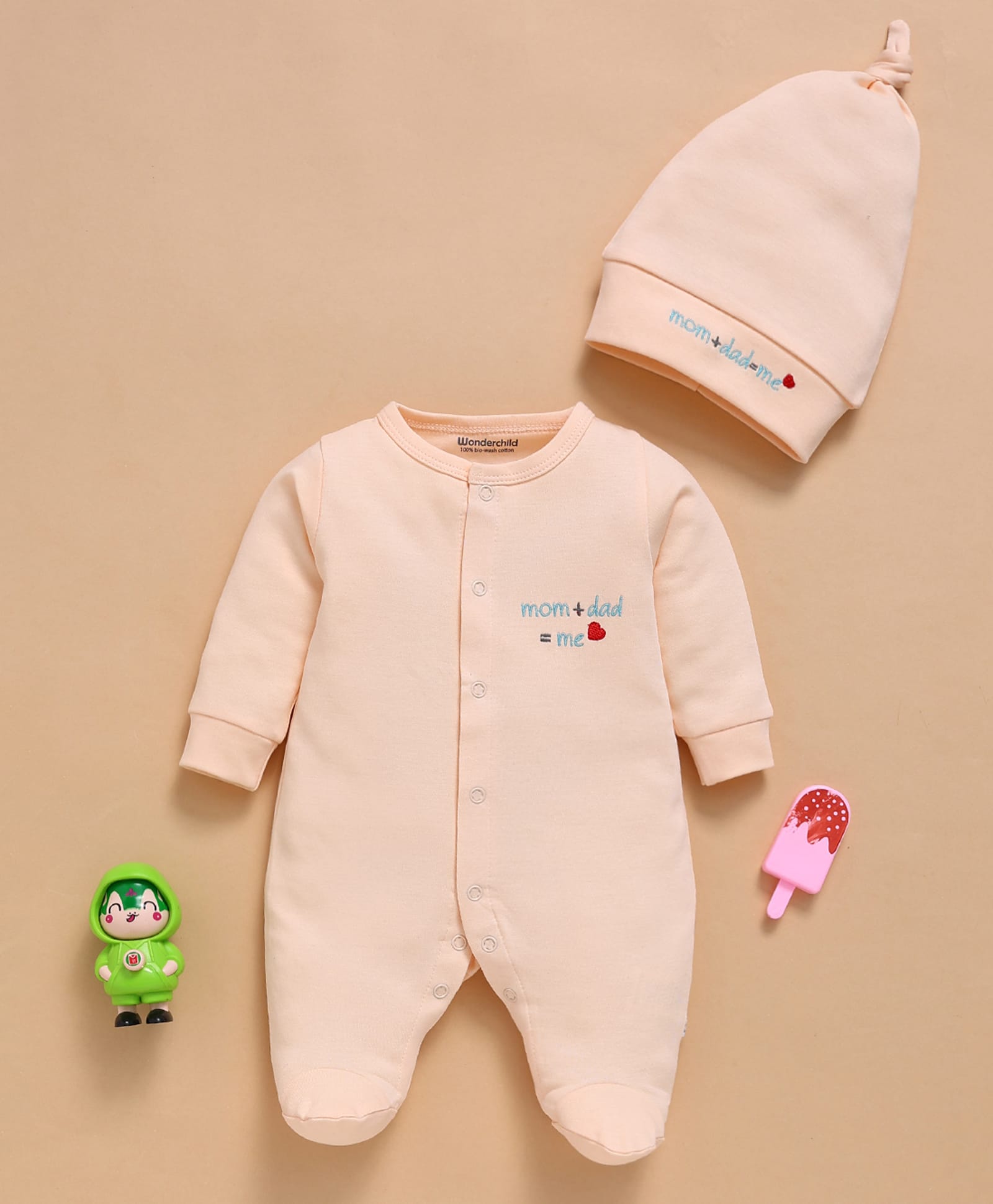 Wonderchild Full Sleeves Mom Dad Me Text Embroidered Footed Sleepsuit With Cap - Peach-image-27