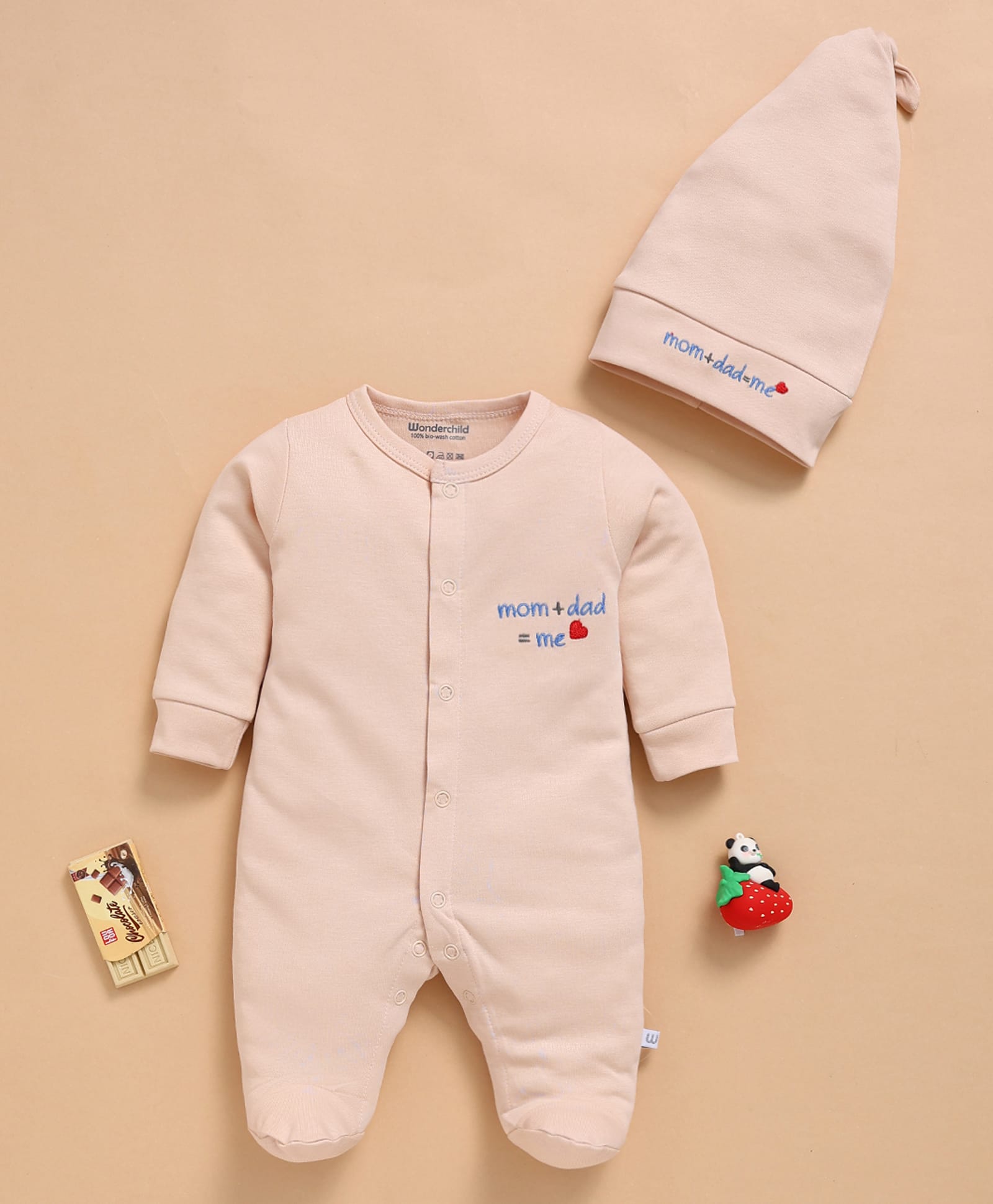 Wonderchild Full Sleeves Mom Dad Me Text Embroidered Footed Sleepsuit With Cap - Fawn-picture-11