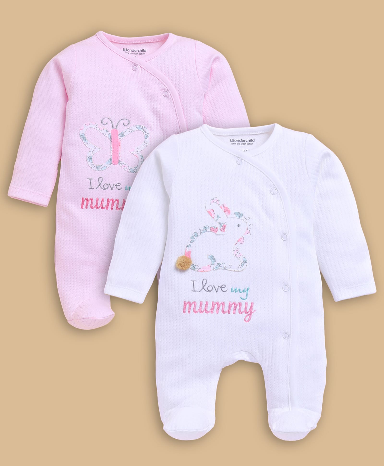 Wonderchild Pack Of 2 Full Sleeves Car & Teddy Bear Applique Detailed Footed Sleepsuits - White & Pink-picture-22