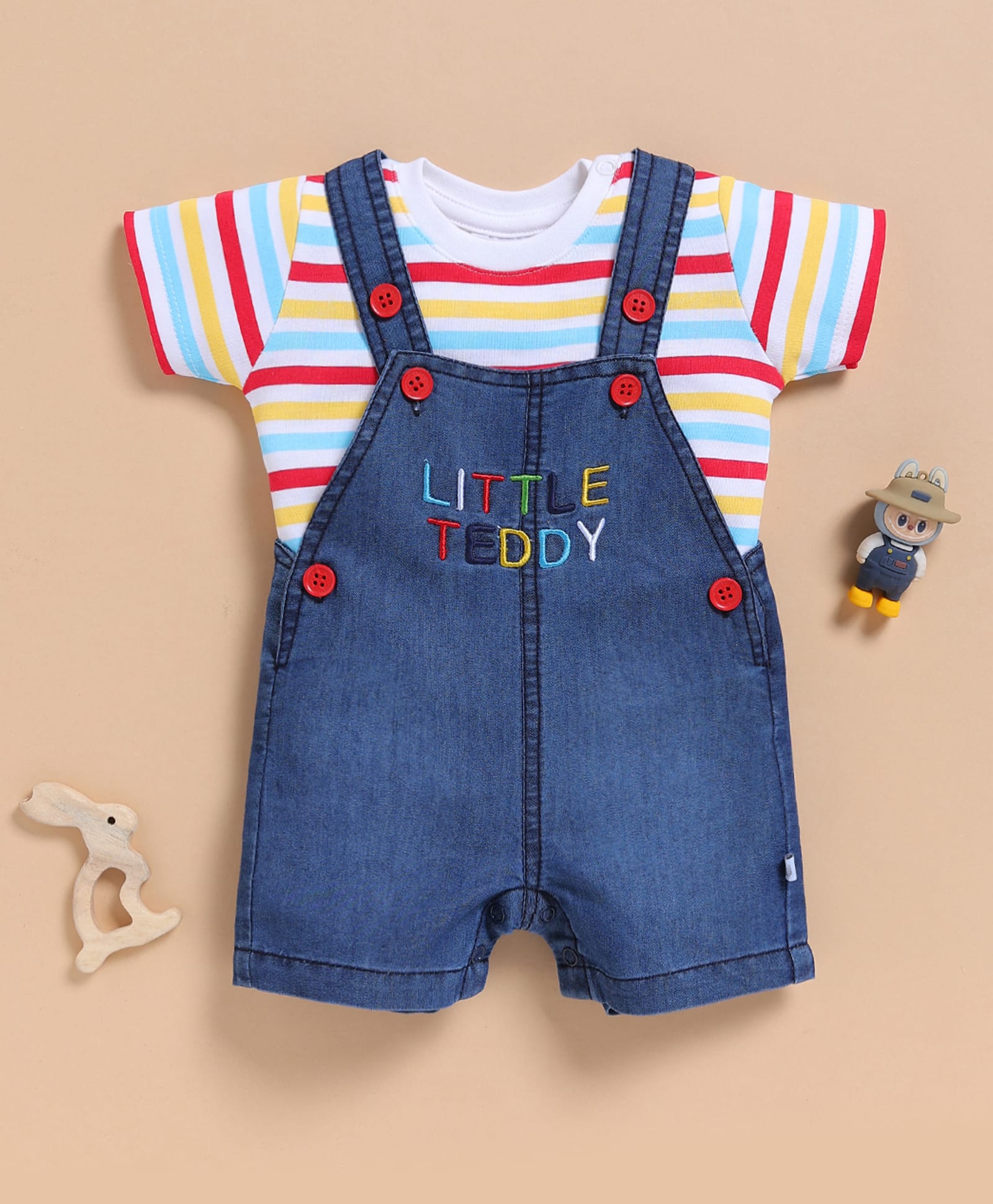 Wonderchild Interlock Woven Little Teddy Text Embroidered Dungaree With Half Sleeves Striped Tee - White-image-48