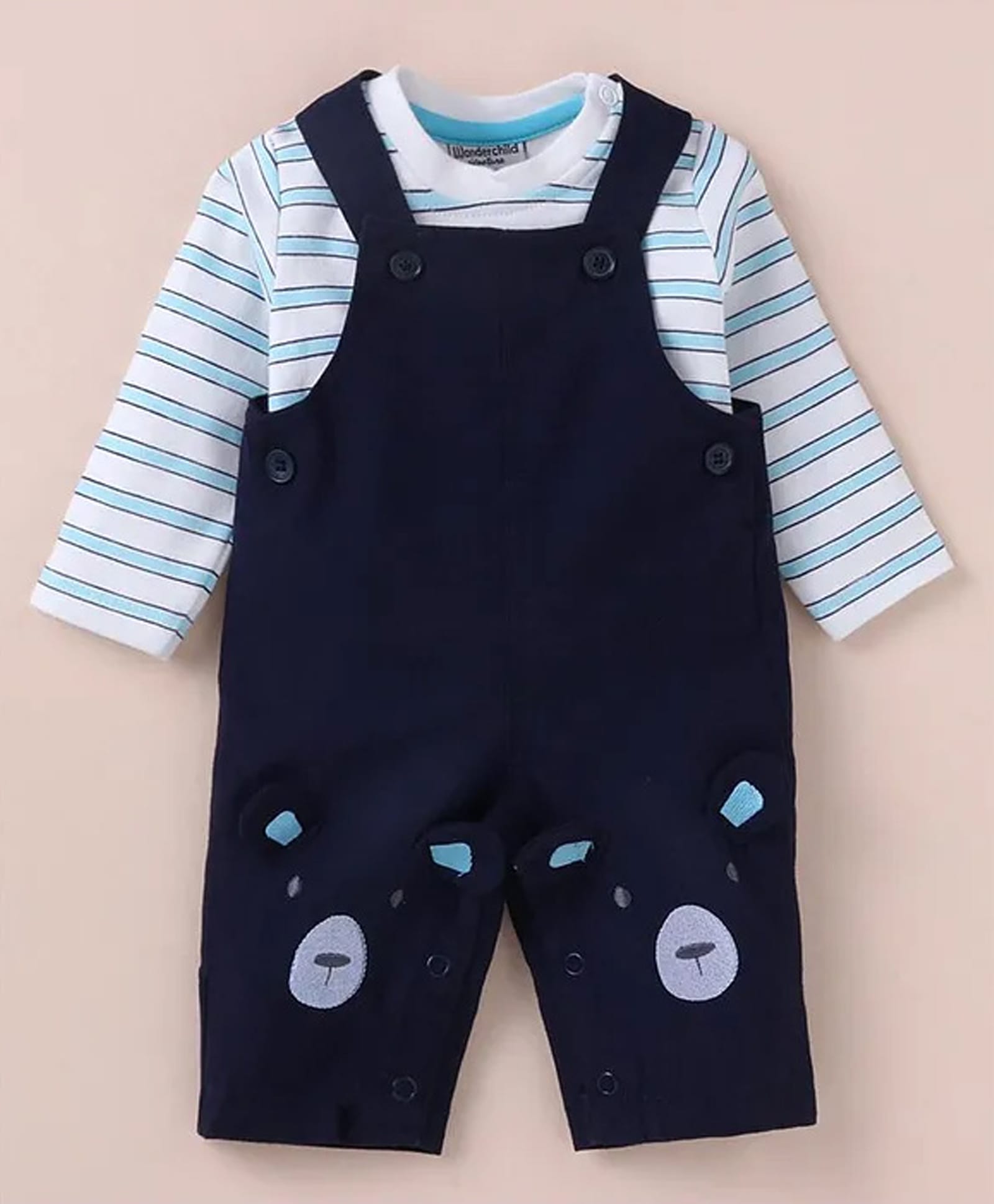 Wonderchild Full Sleeve Teddy Bear Applique Detailed Dungaree With Full Sleeves Striped Tee - White & Navy Blue-image-29