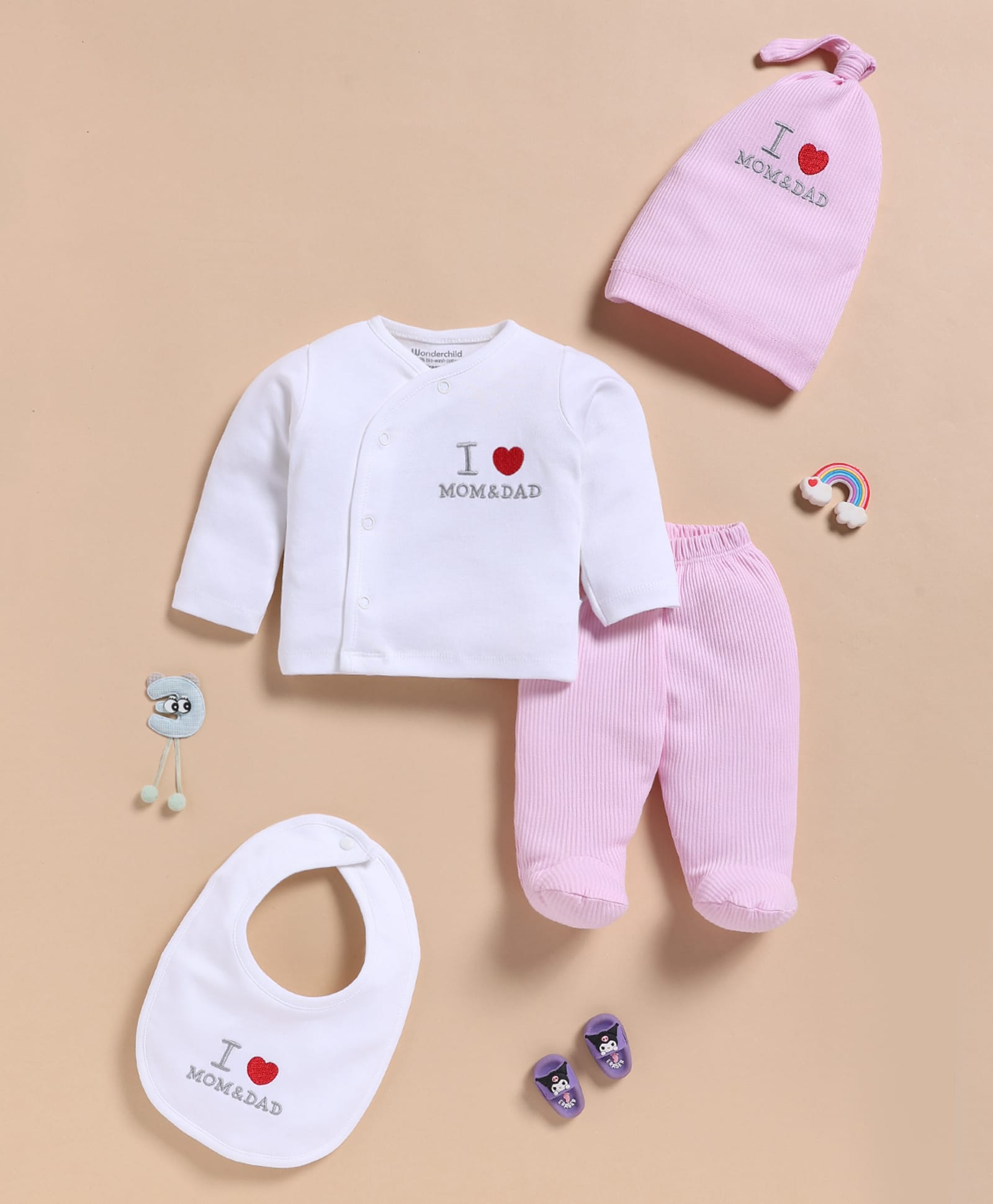 Wonderchild Full Sleeves I Love Mom & Dad Text Embroidered Shirt & Footed Pants Set With Coordinating Cap & Bib - White & Pink-picture-10