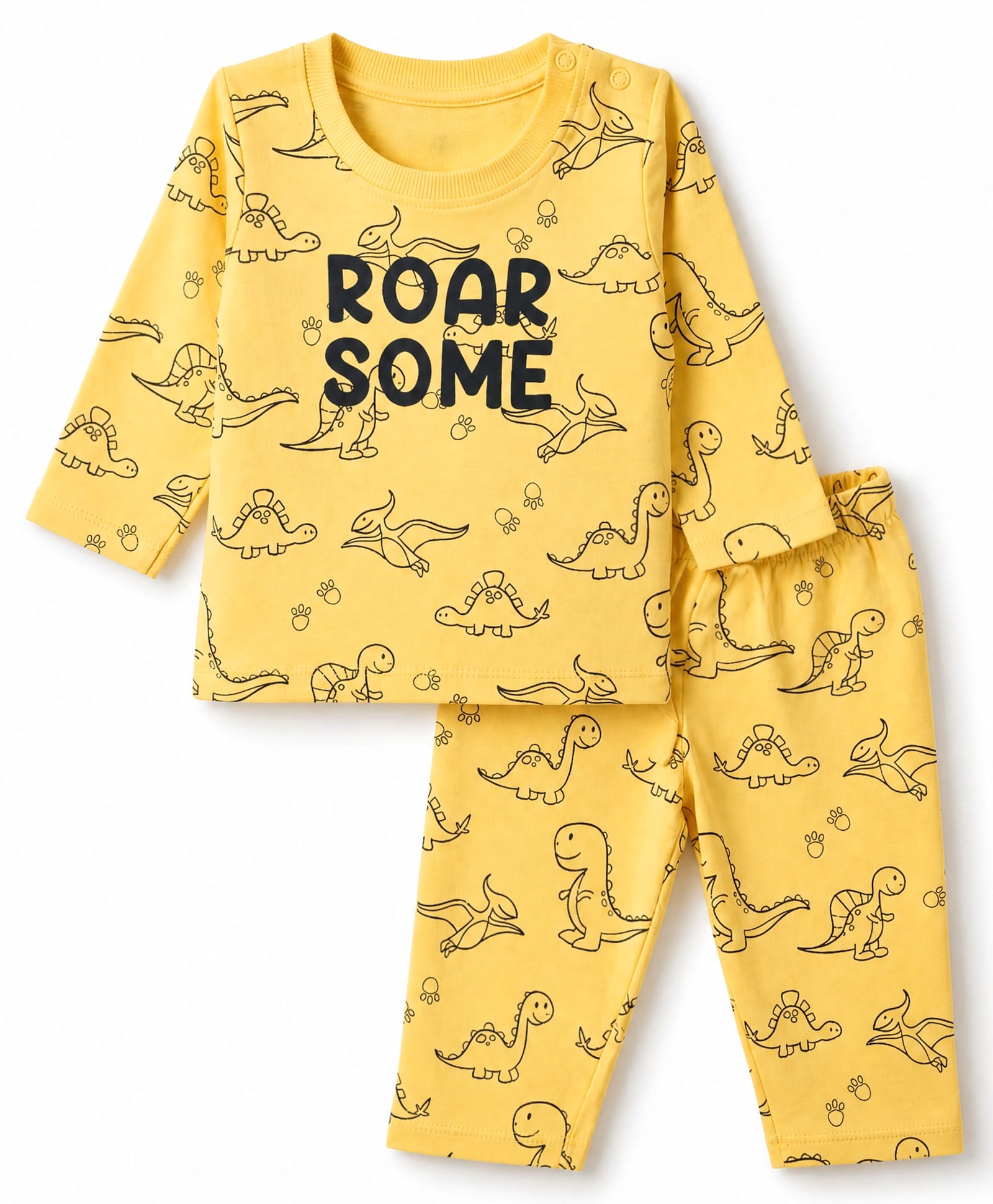 Doodle Poodle 100% Cotton Terry Knit Full Sleeves T-Shirt & Pyjama Winter Wear Night Suit with Dinosaur Print - Yellow-picture-28