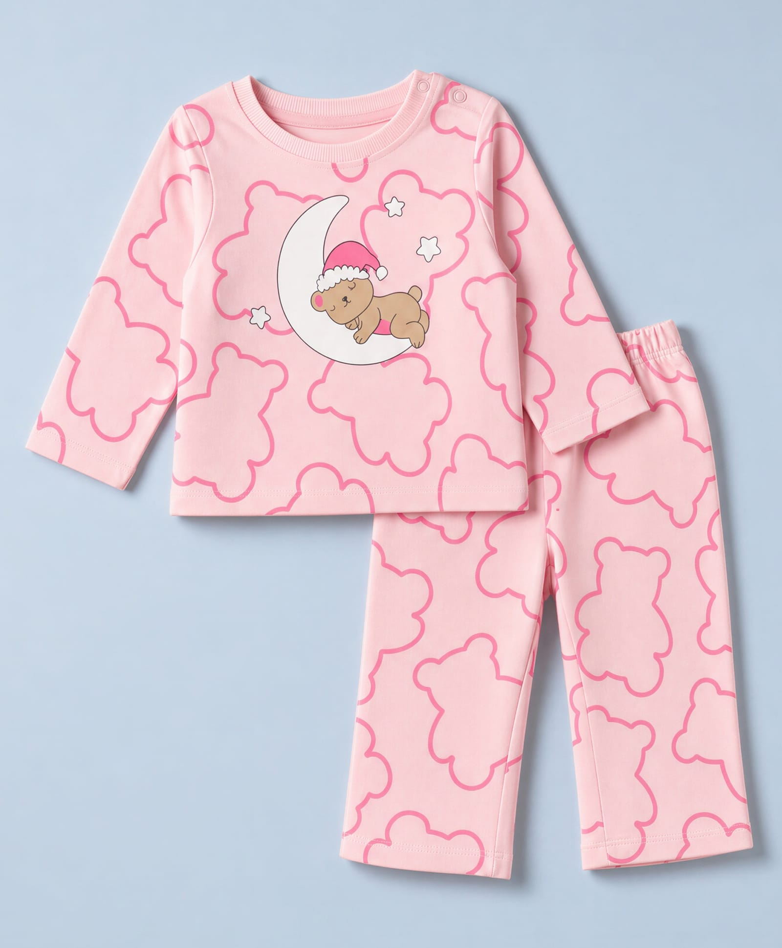 Doodle Poodle Terry Knit Full Sleeves Co-Ords T-Shirt & Pyjama Winter Night Suit with Bear Outline Print - Pink-image-40