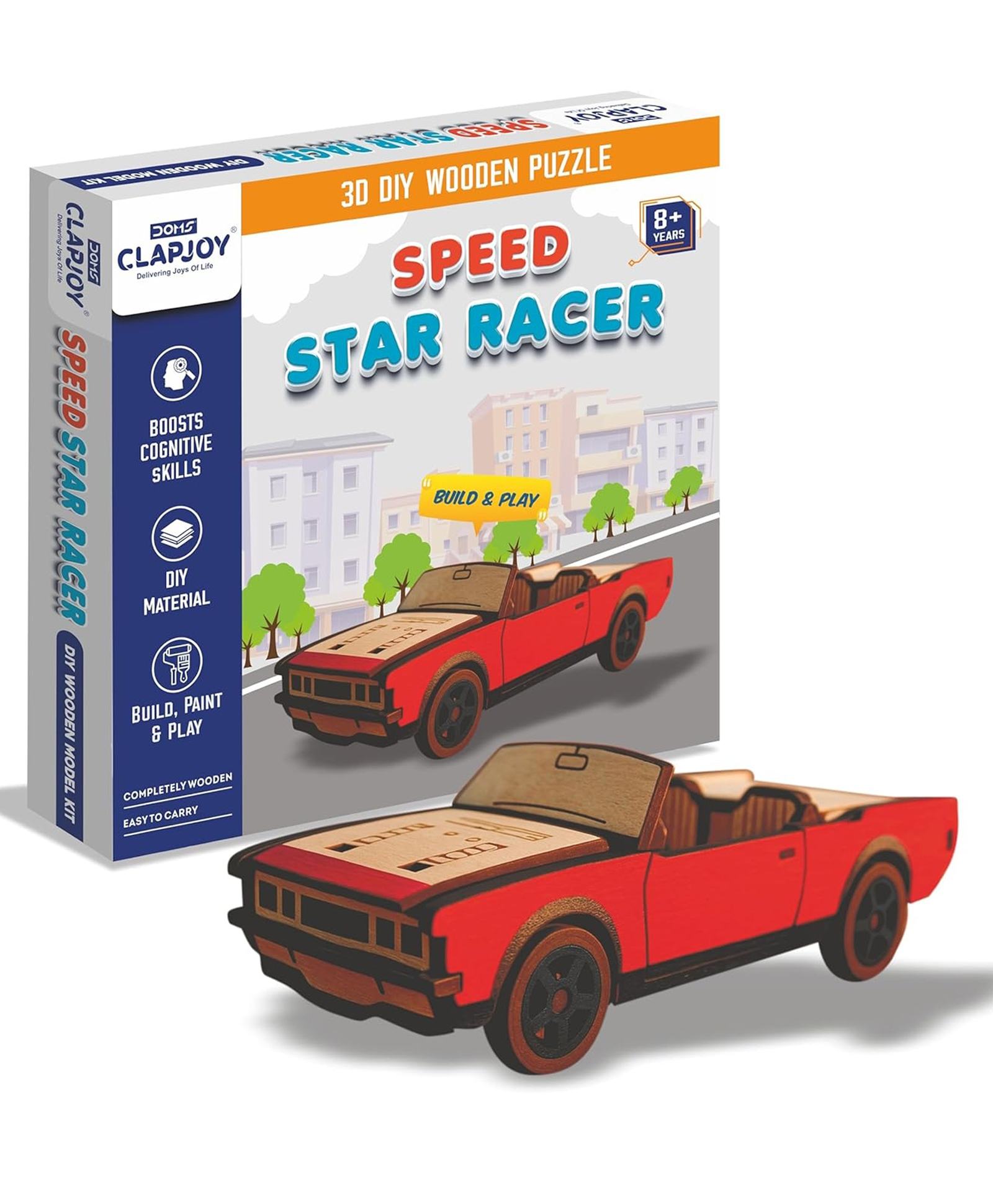 Clapjoy 3D DIY Wooden Puzzle Speed Star Racer Car, Build and Paint Craft Kit with Tempra Colors and Water Color Pens-picture-12