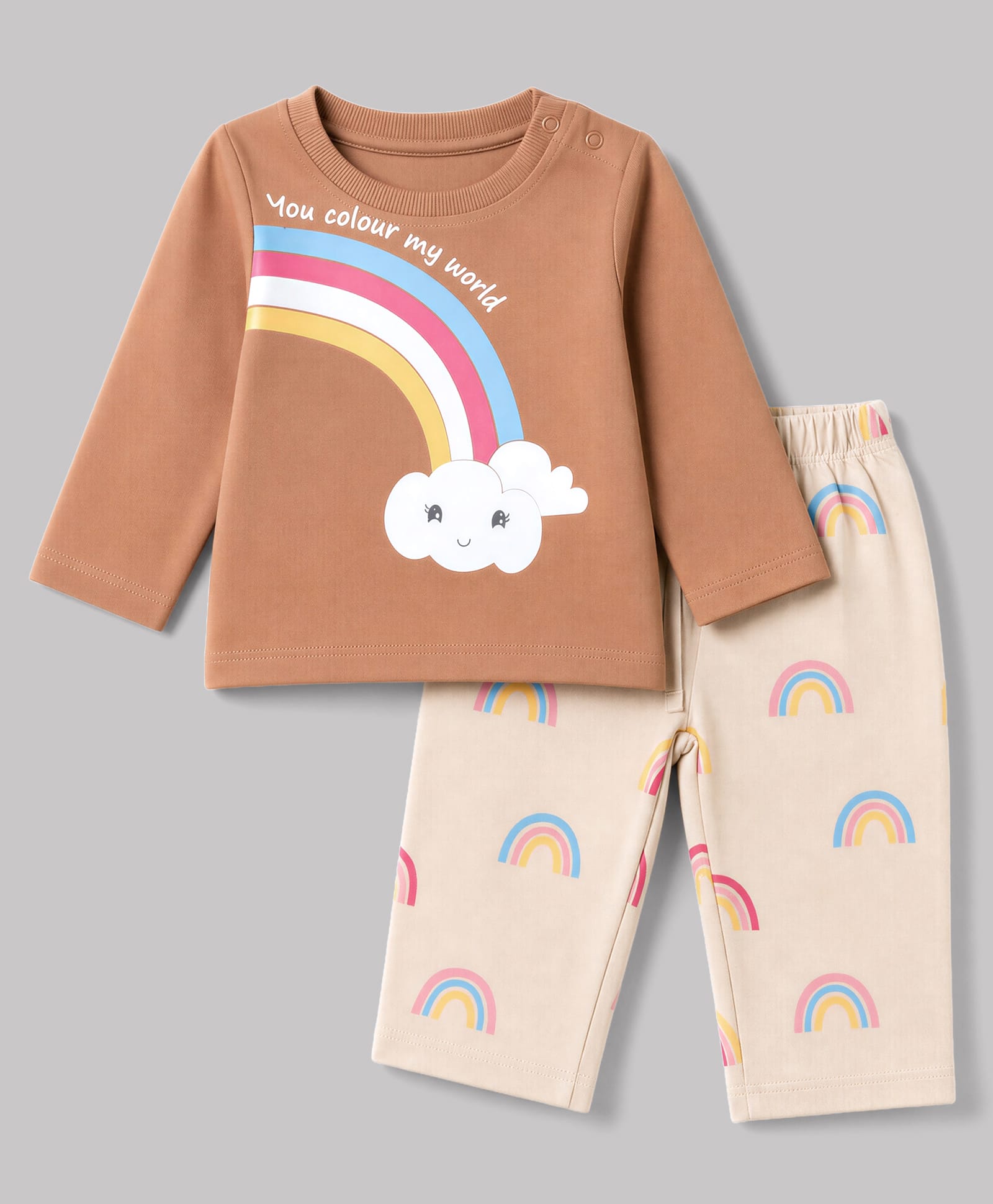 Doodle Poodle 100% Cotton Terry Knit Full Sleeves T-Shirt & Pyjama Winter Wear Night Suit with Rainbow Print - Brown-picture-33