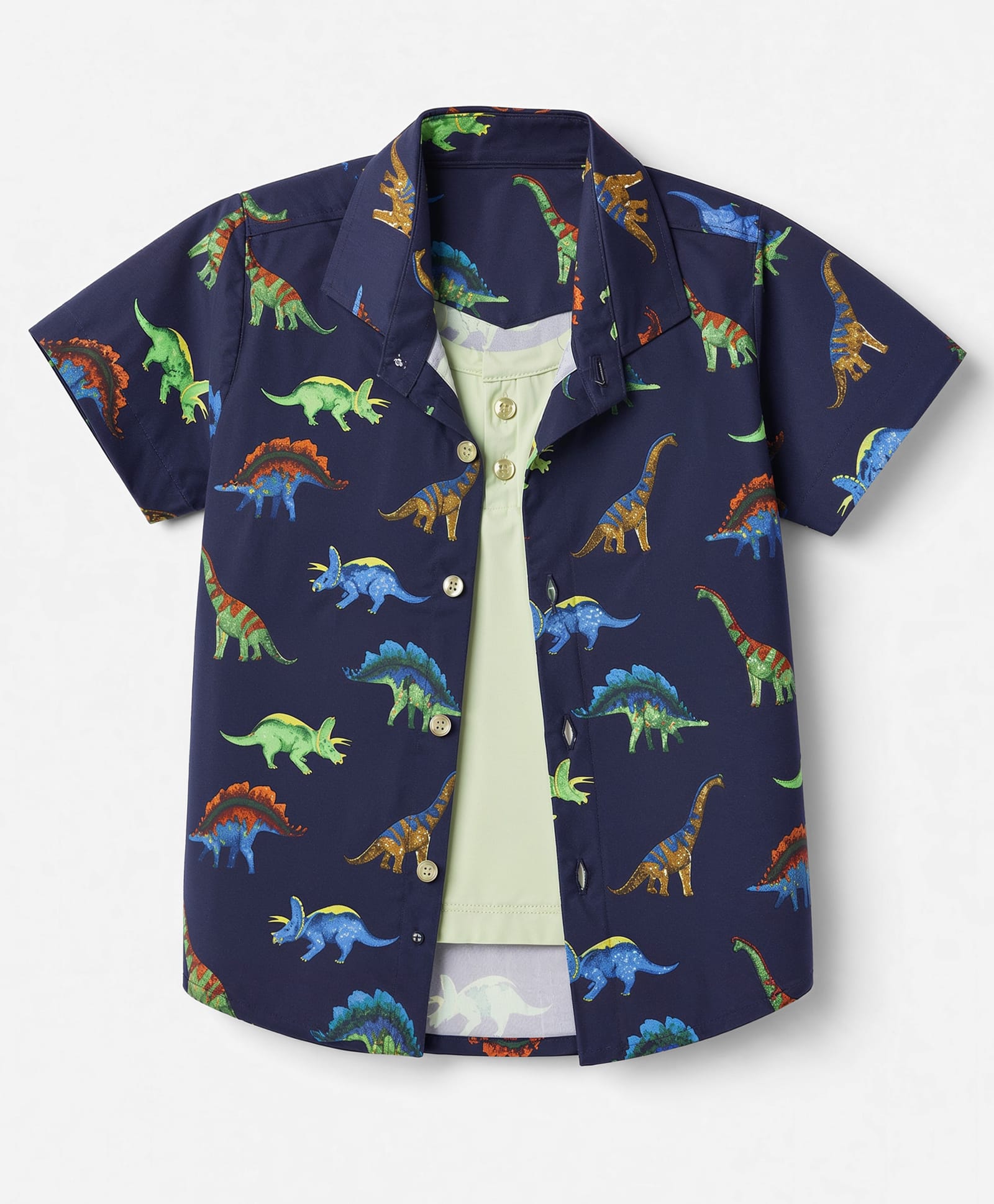 Dapper Dudes Cotton Woven Half Sleeves Shirt with Attached Tee and Dinosaur Print -Navy Blue-image-44