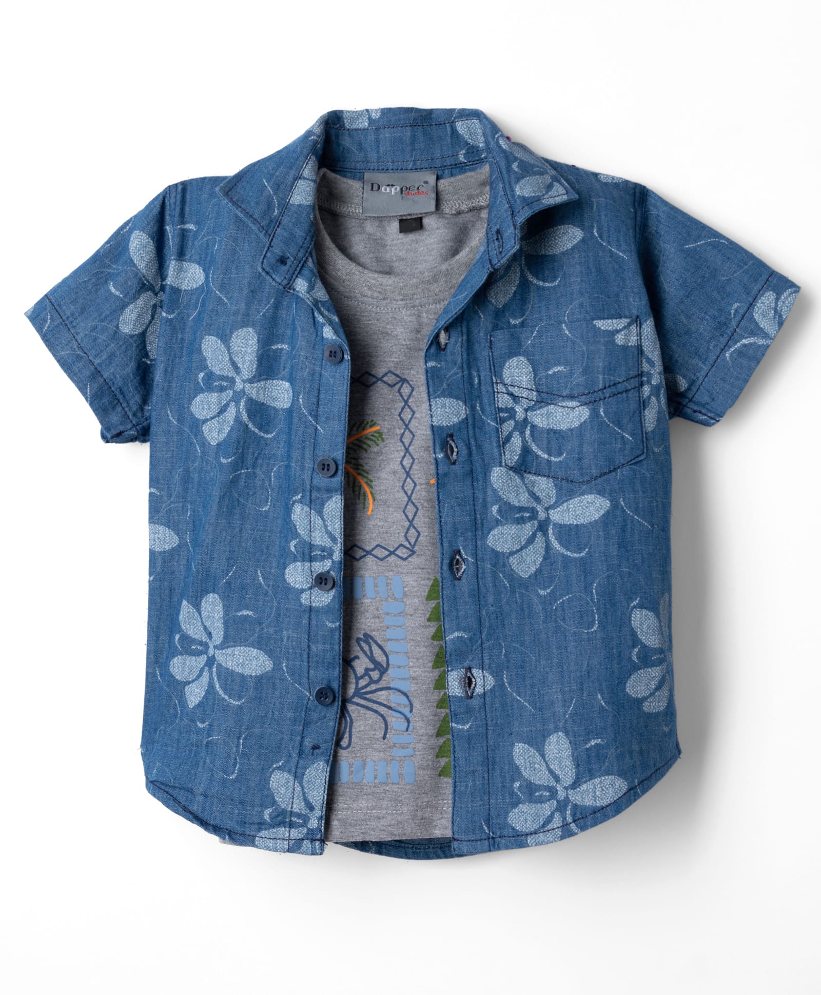 Dapper Dudes Denim Woven Half Sleeves Leaves Printed Shirt With Tee - Blue-image-40