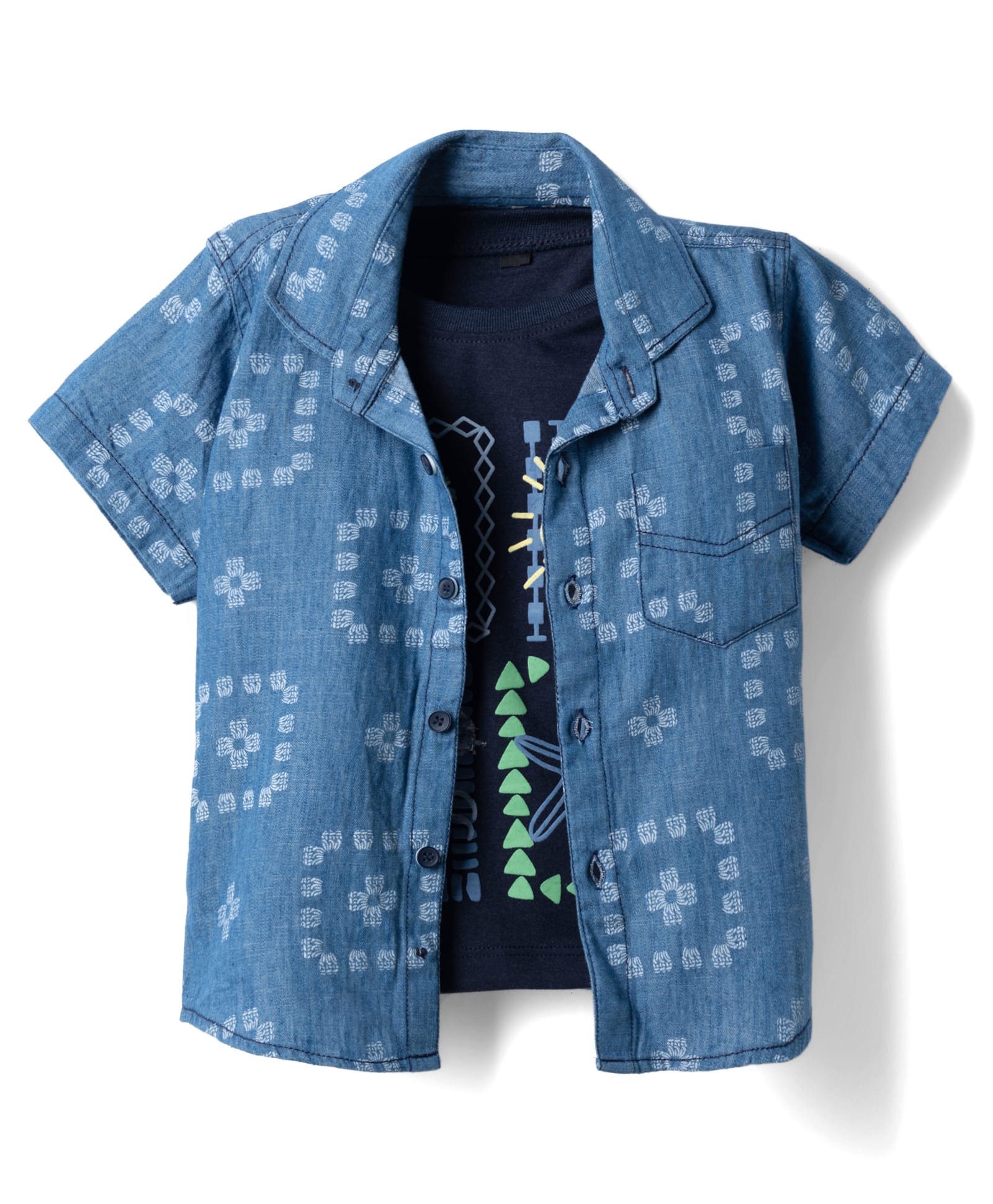Dapper Dudes Denim Woven Half Sleeves Floral Abstract Printed Shirt with Tee - Blue-image-28