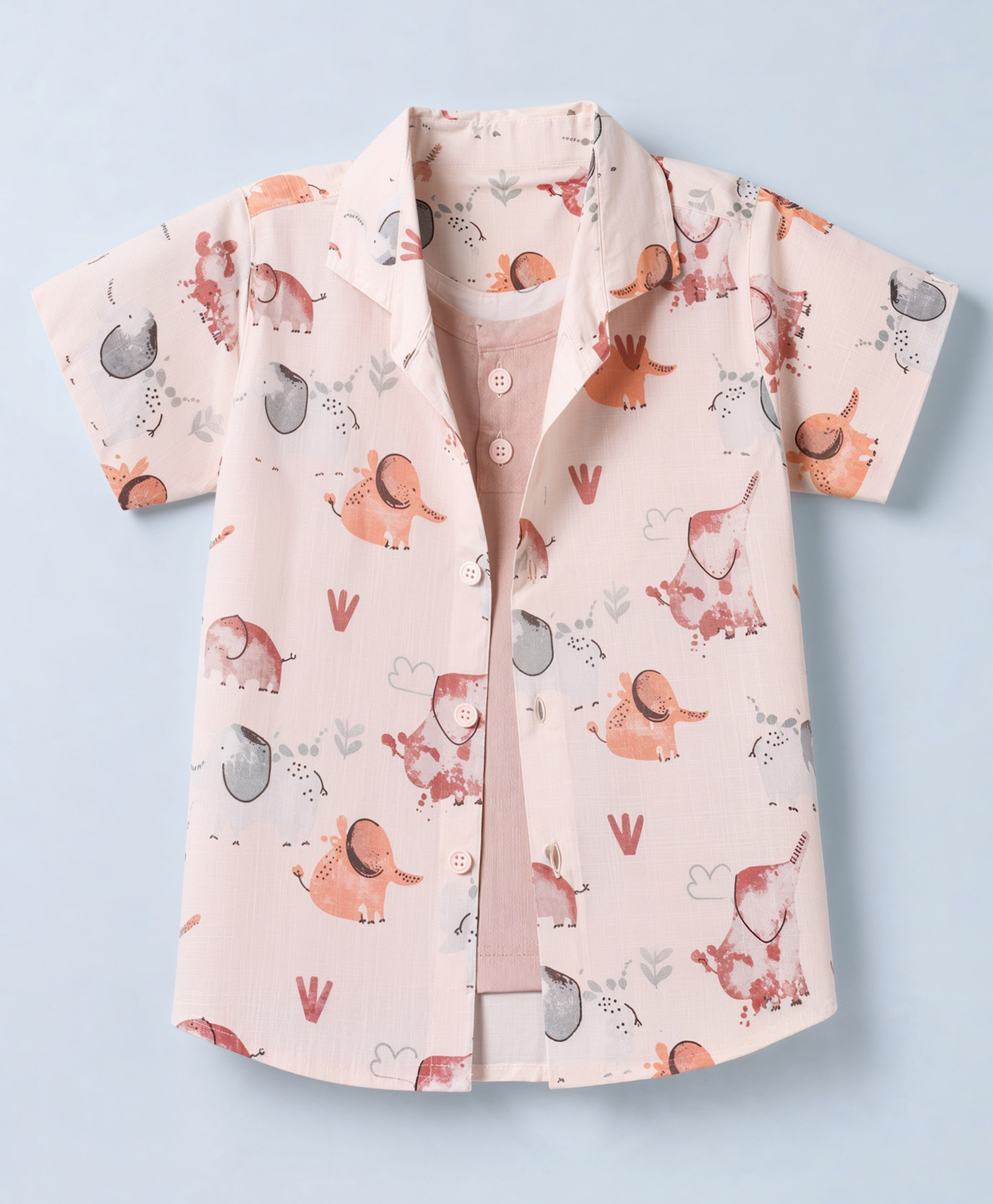 Dapper Dudes Cotton Woven Half Sleeves Shirt with Attached Tee and Elephant Print -Peach-image-35