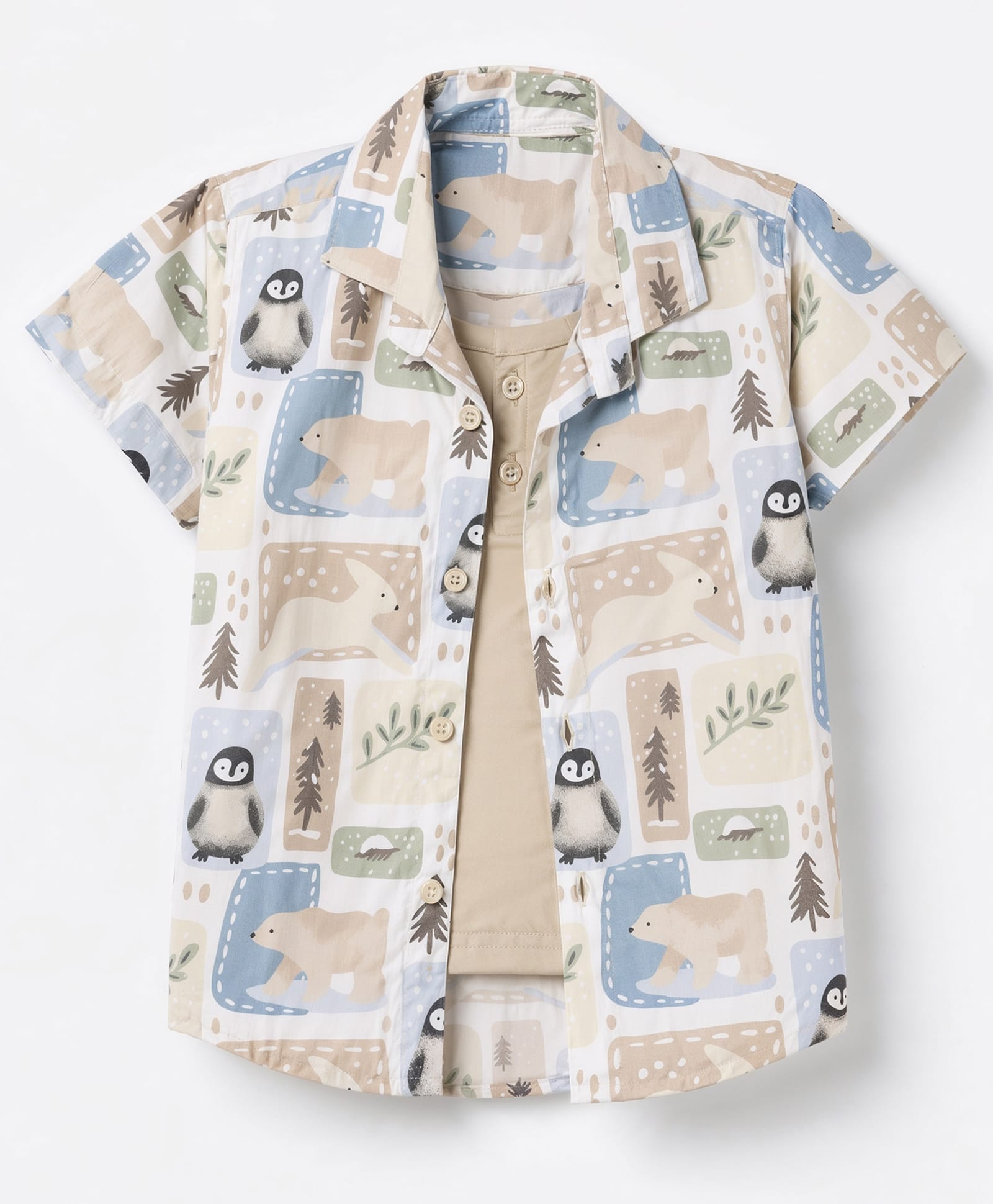 Dapper Dudes Cotton Woven Half Sleeves Shirt with Attached Tee and Penguin Print - Tan-image-36