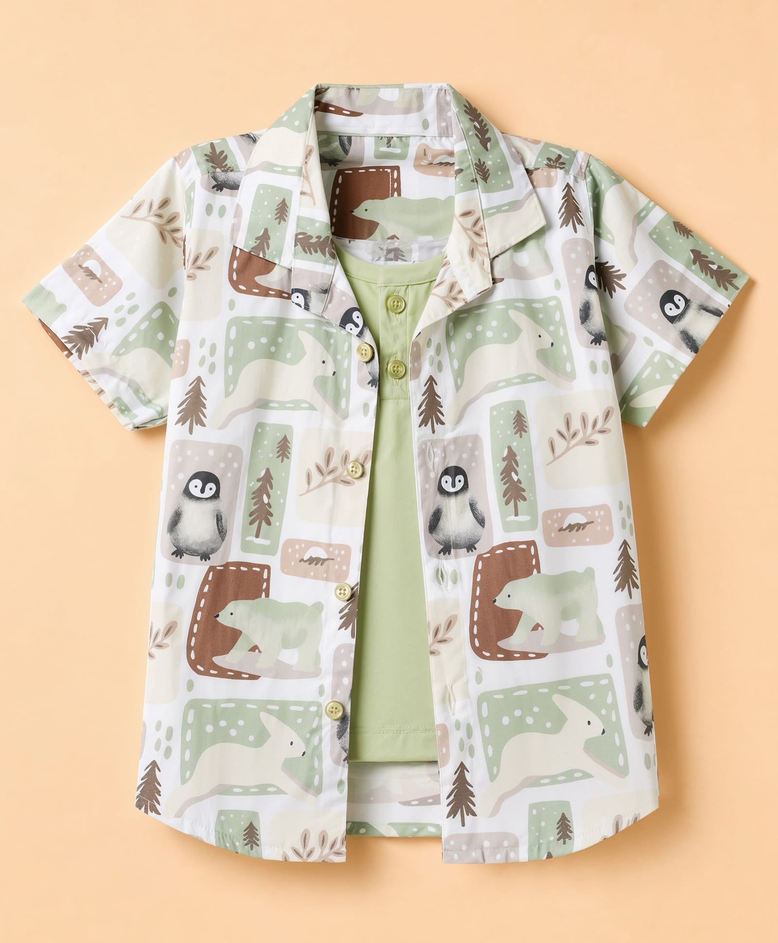 Dapper Dudes Cotton Woven Half Sleeves Shirt with Attached Tee and Penguin Print - Light Green-picture-21