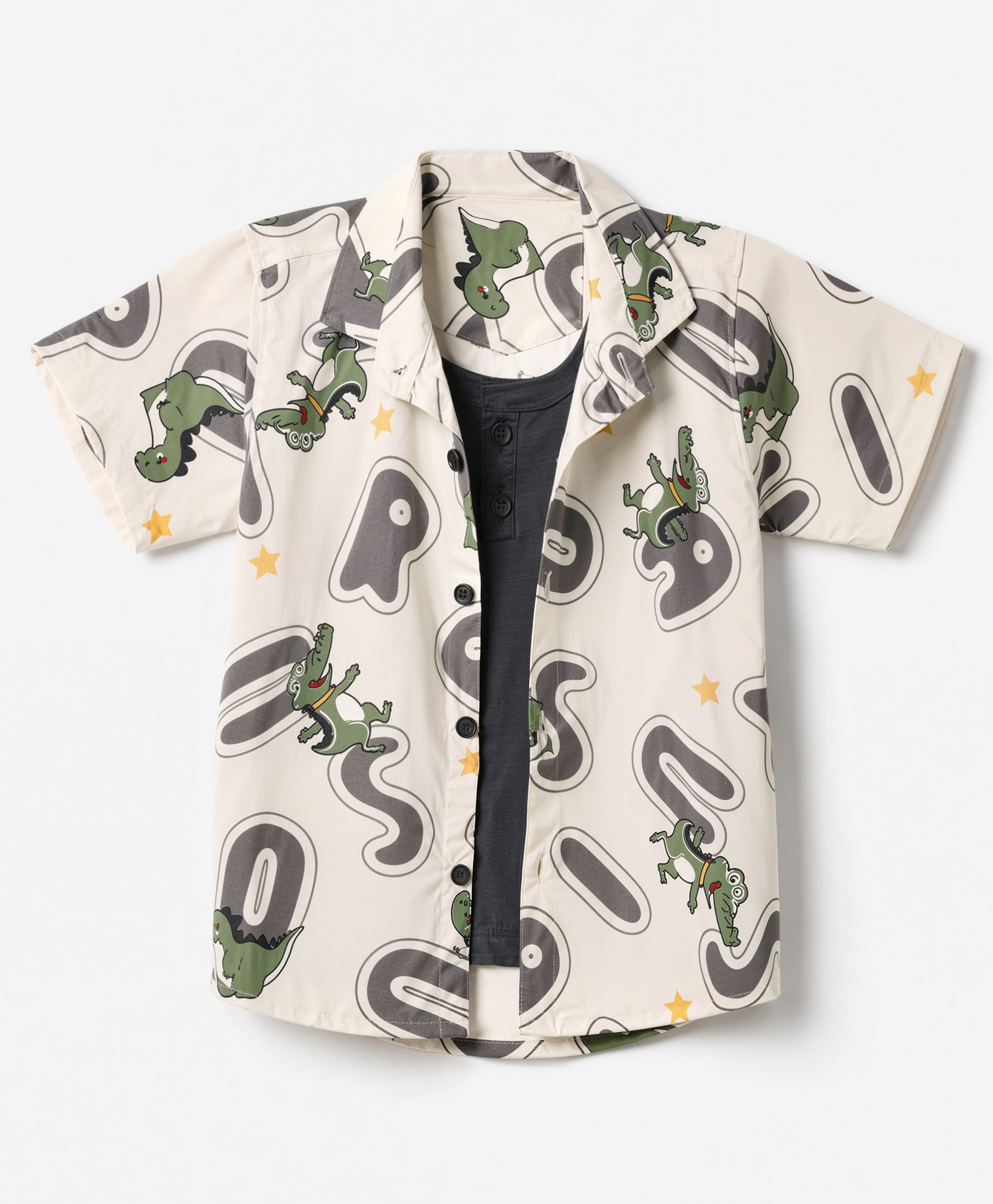 Dapper Dudes Cotton Woven Half Sleeves Shirt with Attached Tee and Dinosaur Print - Grey-image-47