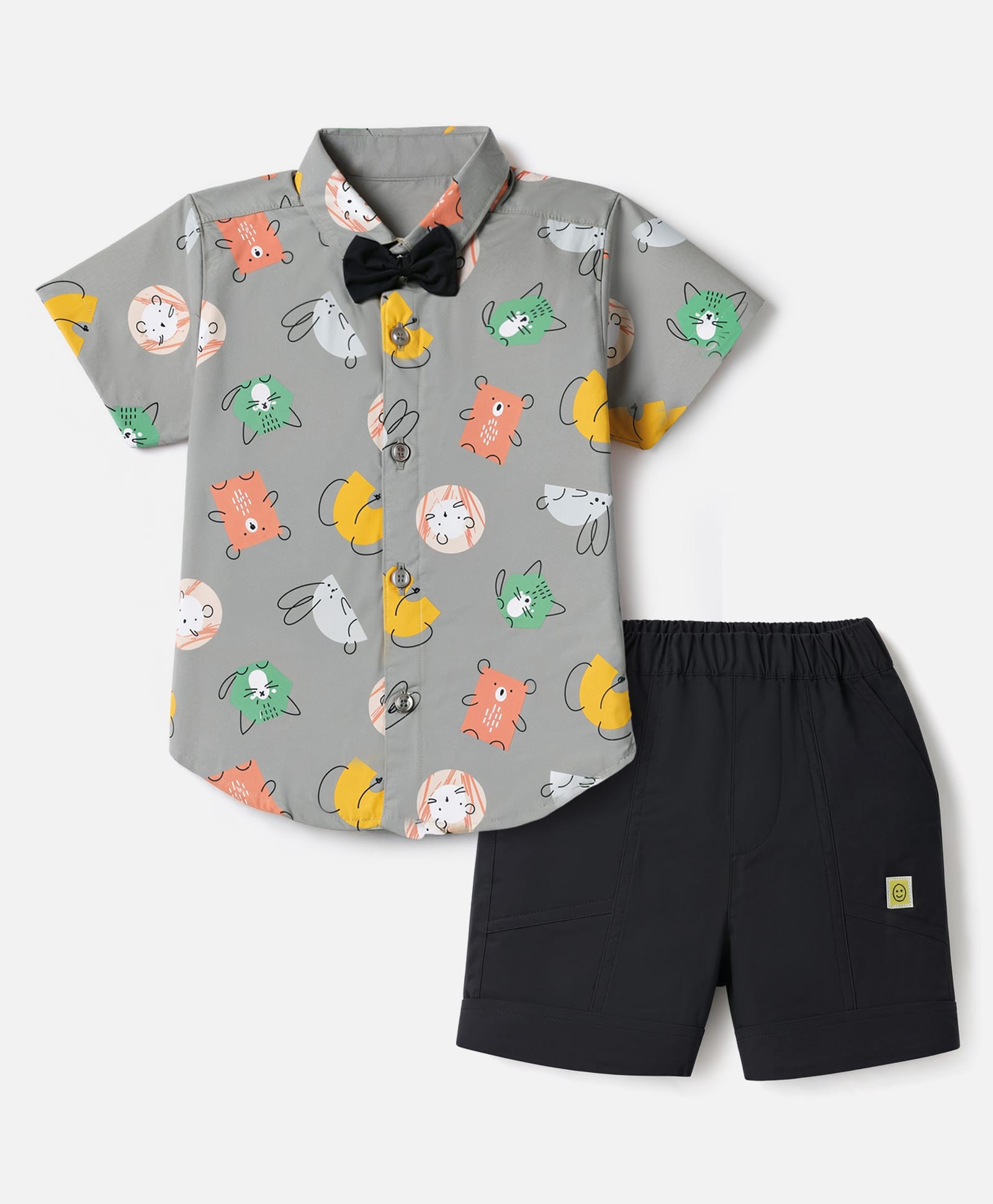 Dapper Dudes Cotton Woven Half Sleeves Animal Printed Shirt With Shorts & Bow - Grey-picture-24